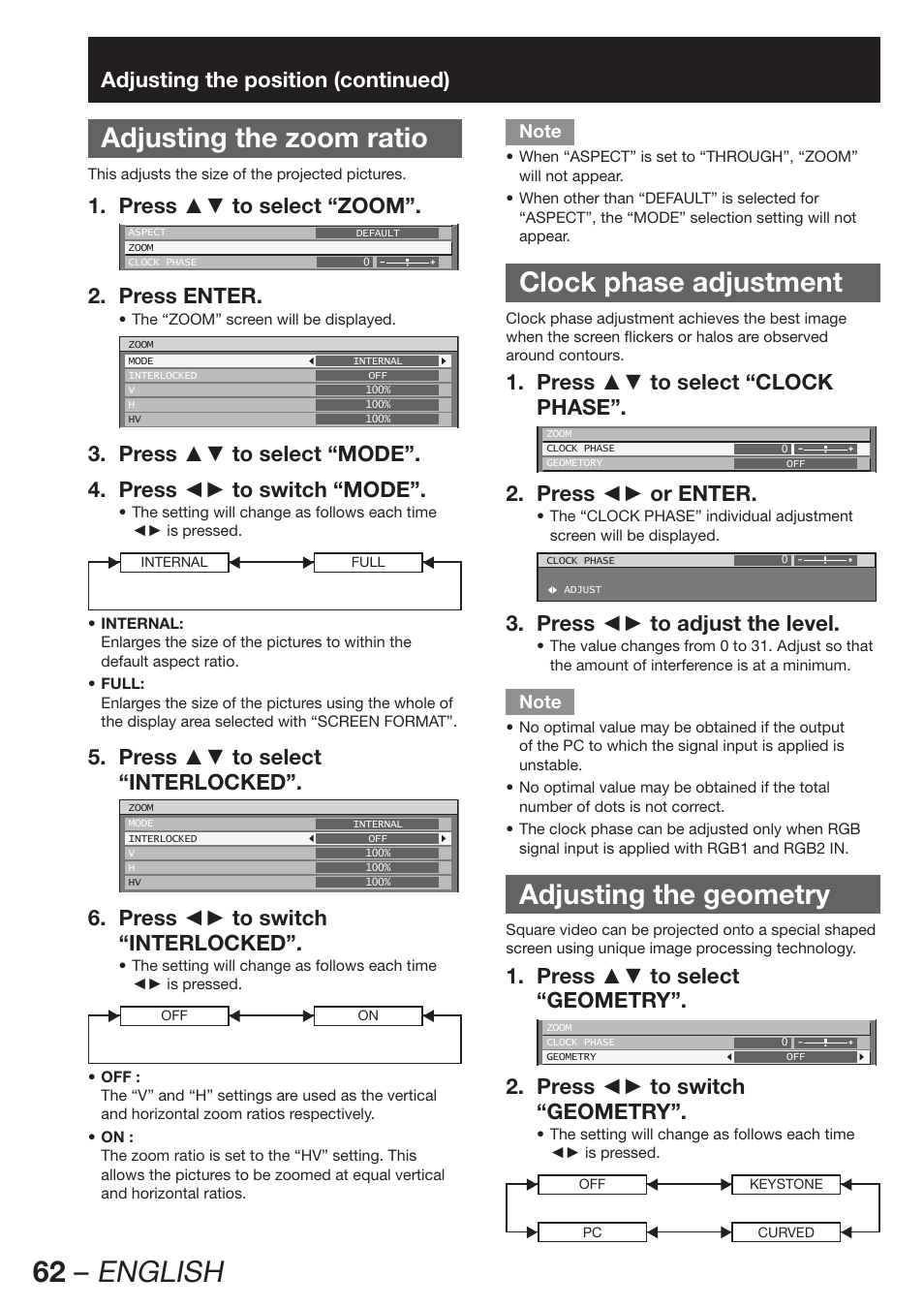 62 – english, Adjusting the zoom ratio, Clock phase adjustment | Adjusting the geometry, Adjusting the position (continued), Press ▲▼ to select “zoom”. 1, Press enter. 2, Press ▲▼ to select 5. “interlocked, Press ◄► to switch 6. “interlocked, Press ▲▼ to select “clock 1. phase | Panasonic PT-D12000U User Manual | Page 62 / 138