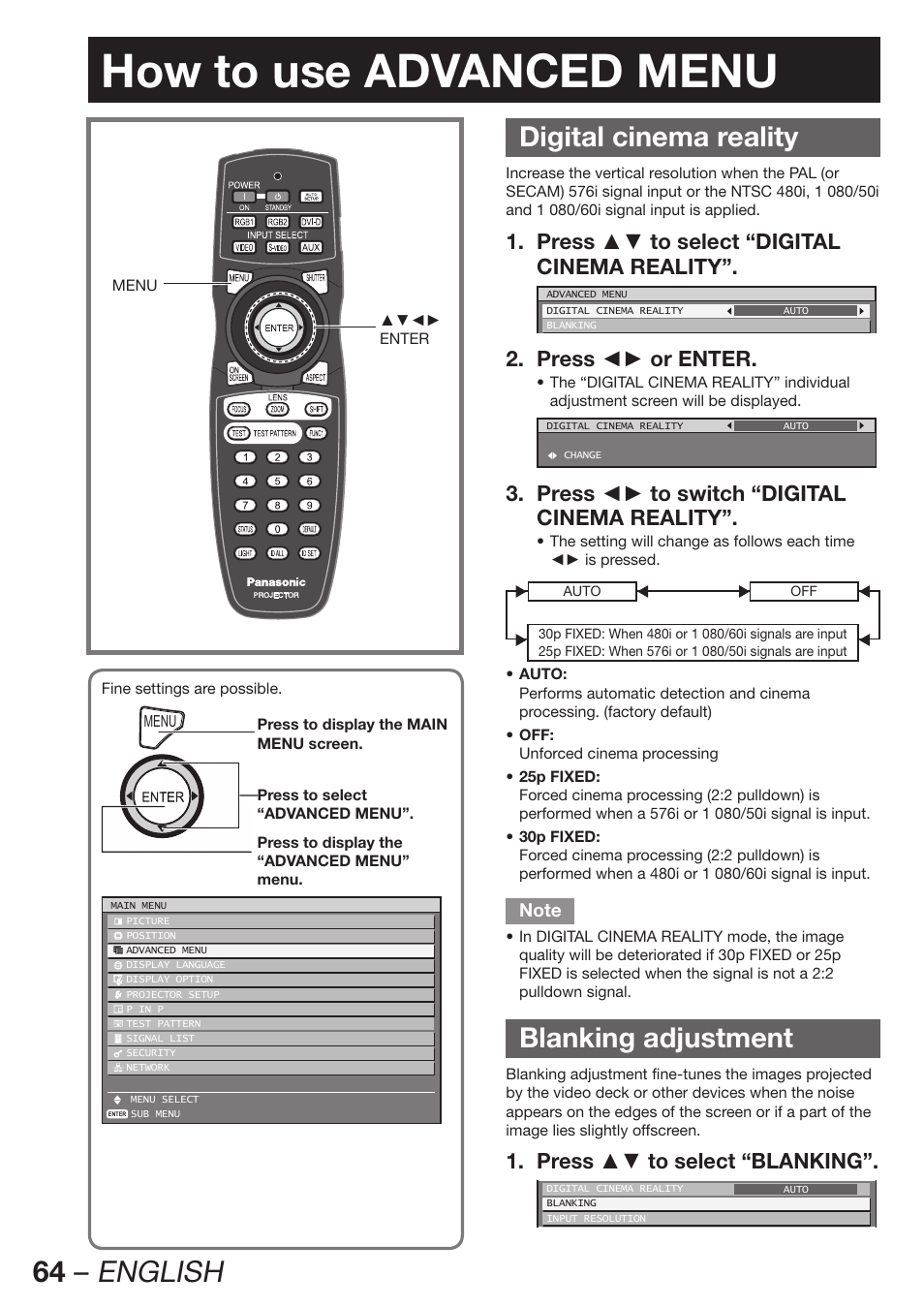 How to use advanced menu, 64 – english, Digital cinema reality | Blanking adjustment, Press ▲▼ to select “digital 1. cinema reality, Press ◄► or enter. 2, Press ◄► to switch “digital 3. cinema reality, Press ▲▼ to select “blanking”. 1 | Panasonic PT-D12000U User Manual | Page 64 / 138