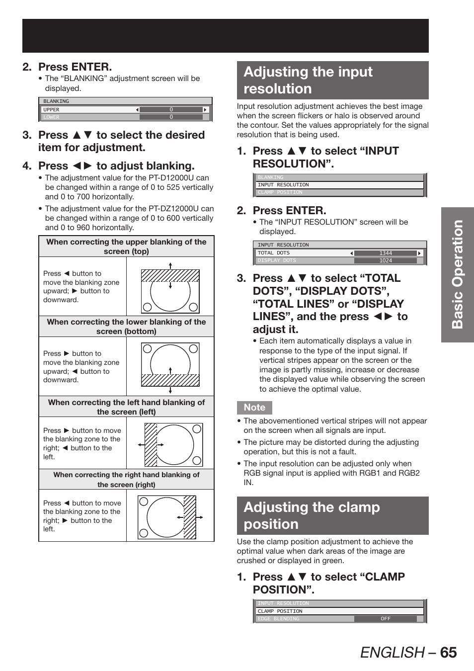 English – 65, Basic operation, Adjusting the input resolution | Adjusting the clamp position, Press enter. 2, Press ▲▼ to select “input 1. resolution, Press ▲▼ to select “clamp 1. position | Panasonic PT-D12000U User Manual | Page 65 / 138