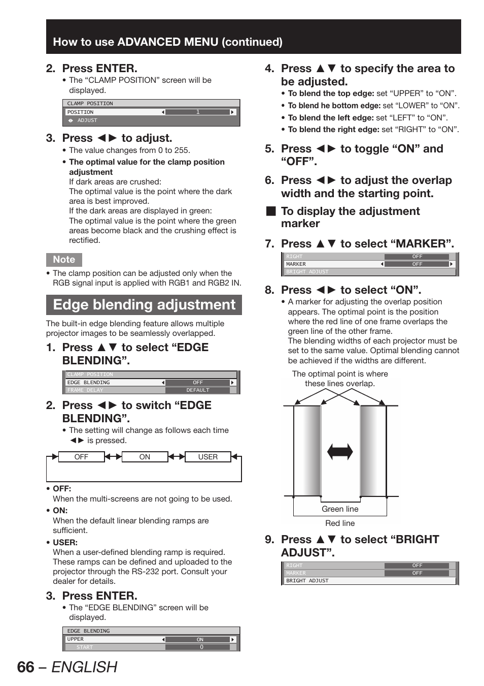 66 – english, Edge blending adjustment, Press ◄► to adjust. 3 | Press ▲▼ to select “edge 1. blending, Press ◄► to switch “edge 2. blending, Press enter. 3, Press ▲▼ to specify the area to 4. be adjusted, Marker press ▲▼ to select “marker”. 7, Press ◄► to select “on”. 8, Press ▲▼ to select “bright 9. adjust | Panasonic PT-D12000U User Manual | Page 66 / 138