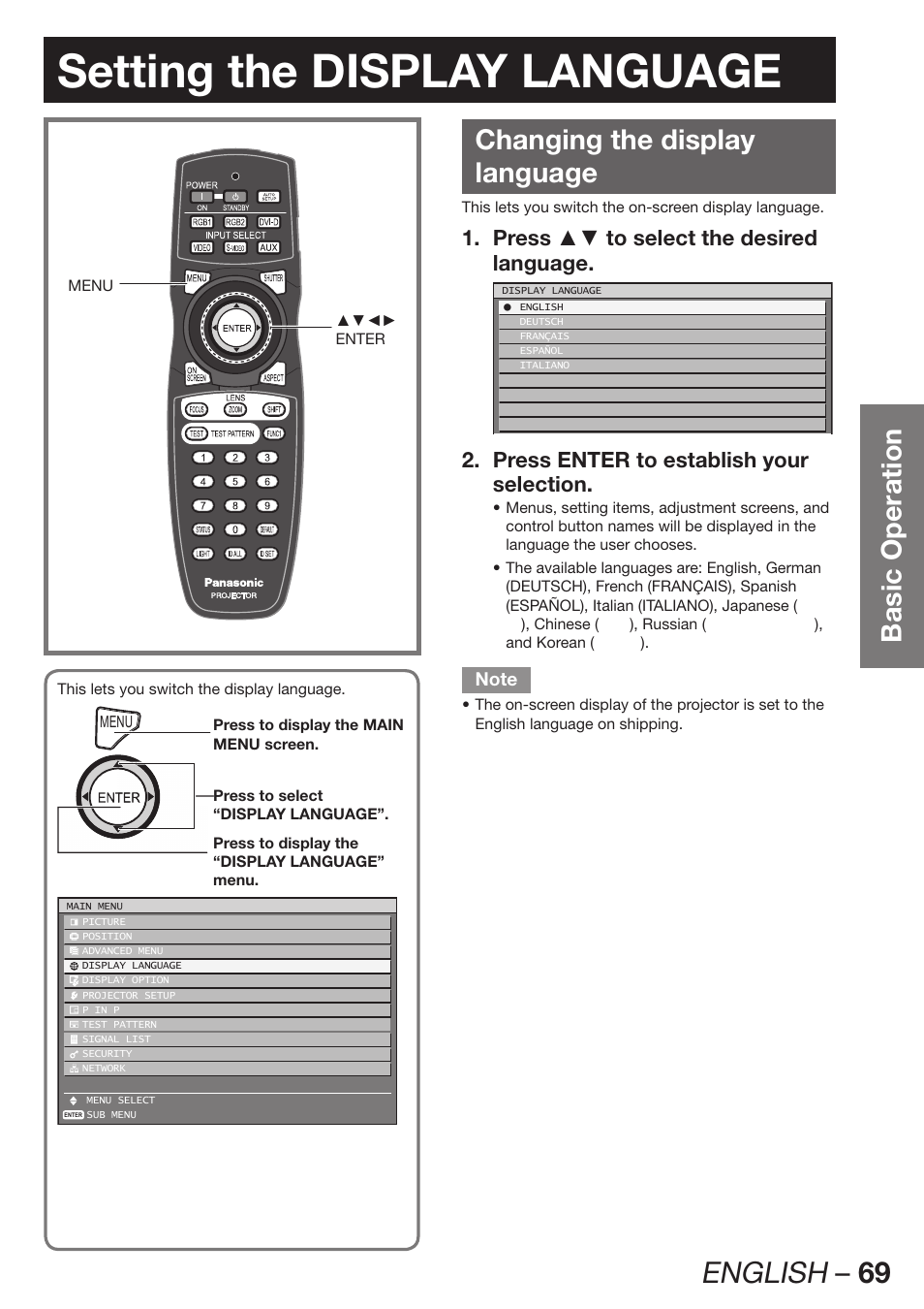 Setting the display language, English – 69, Basic operation | Changing the display language, Press ▲▼ to select the desired 1. language, Press enter to establish your 2. selection | Panasonic PT-D12000U User Manual | Page 69 / 138