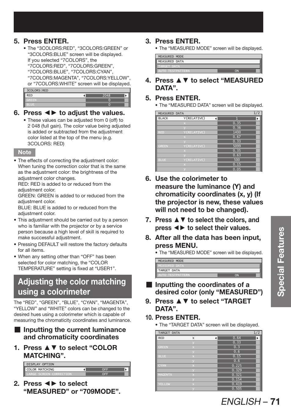 English – 71, Special featur es, Adjusting the color matching using a colorimeter | Press enter. 5, Press ◄► to adjust the values. 6, Inputting the current luminance, Inputting the coordinates of a | Panasonic PT-D12000U User Manual | Page 71 / 138