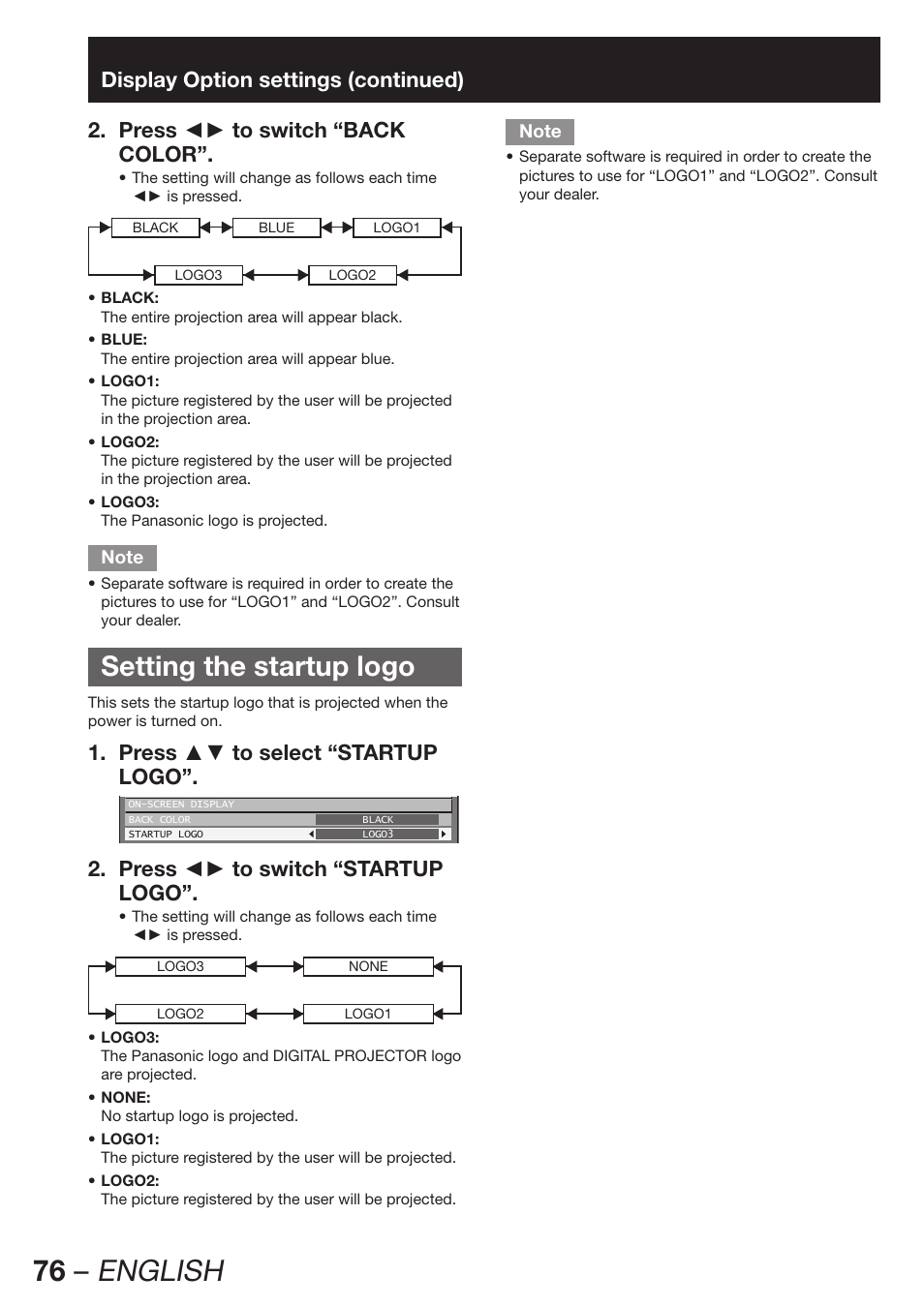 76 – english, Setting the startup logo, Press ▲▼ to select “startup 1. logo | Press ◄► to switch “startup 2. logo | Panasonic PT-D12000U User Manual | Page 76 / 138