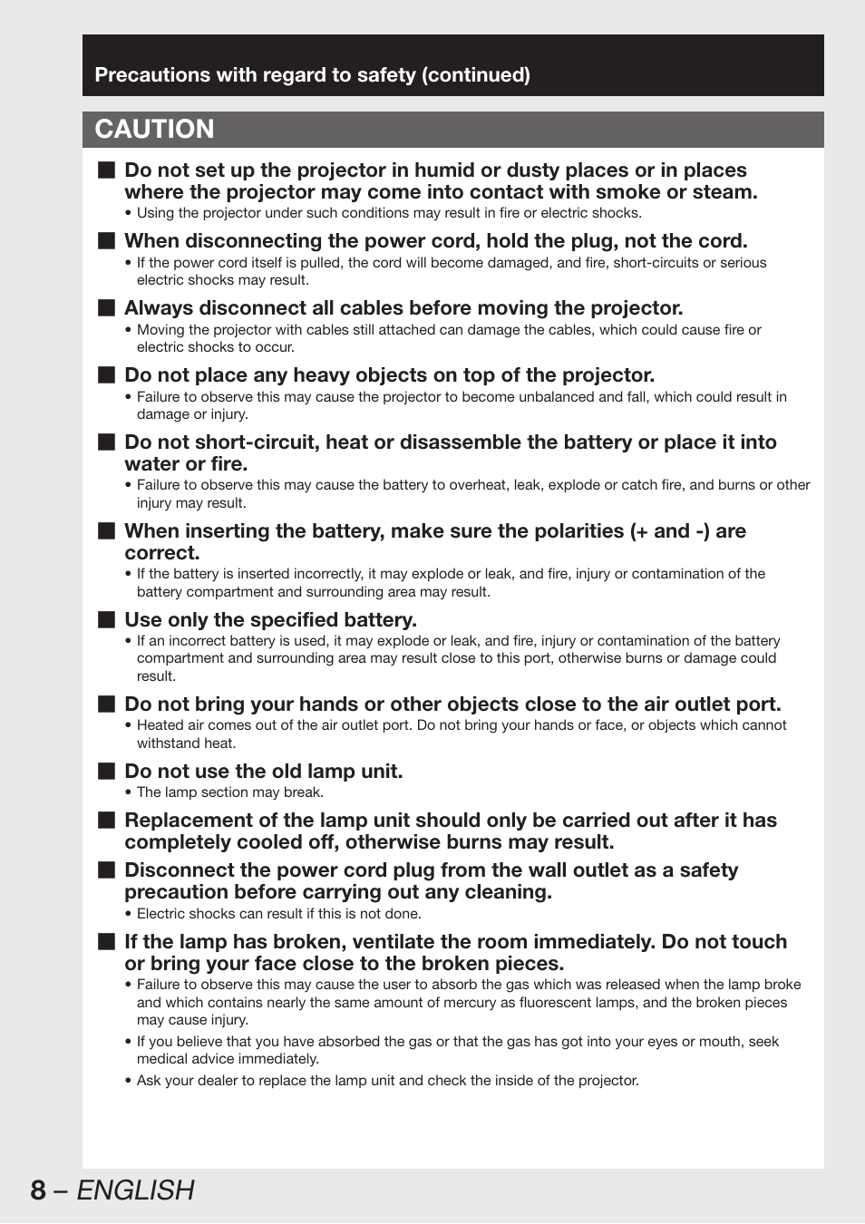 8 – english, Caution | Panasonic PT-D12000U User Manual | Page 8 / 138