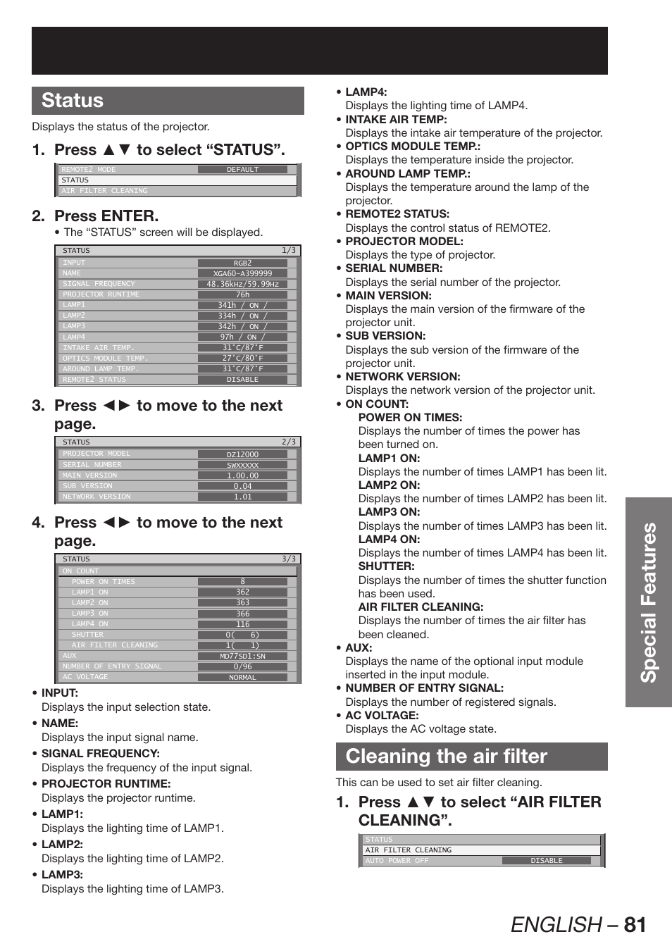 English – 81, Special featur es status, Cleaning the air filter | Press ▲▼ to select “status”. 1, Press enter. 2, Press ◄► to move to the next 3. page, Press ◄► to move to the next 4. page, Press ▲▼ to select “air filter 1. cleaning | Panasonic PT-D12000U User Manual | Page 81 / 138