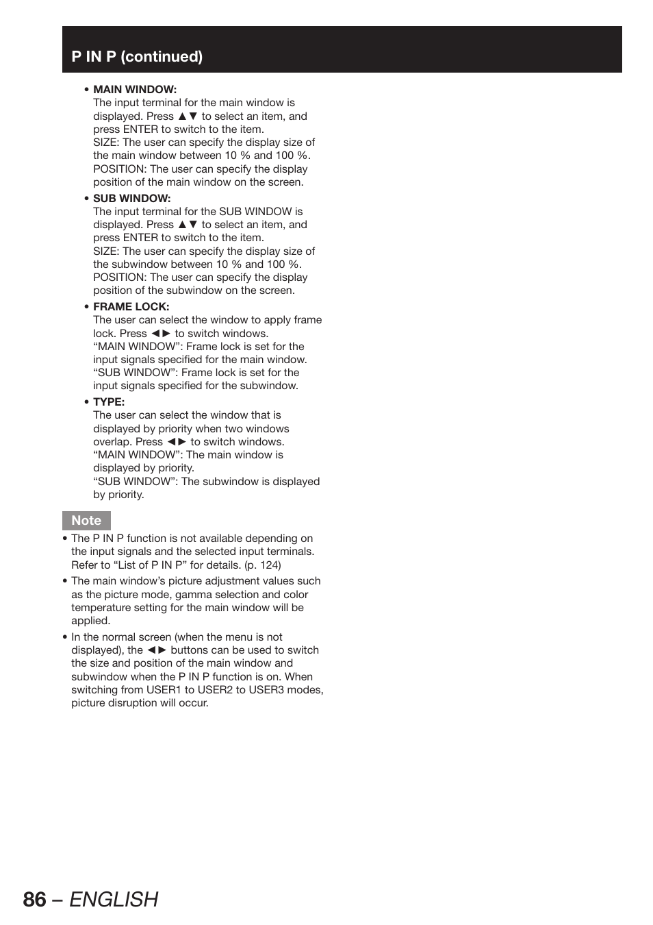 86 – english, P in p (continued) | Panasonic PT-D12000U User Manual | Page 86 / 138