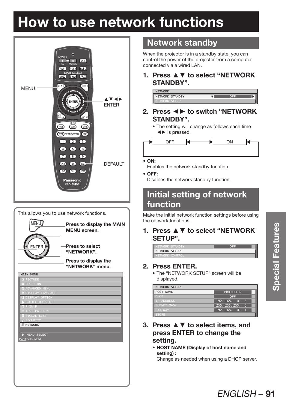 How to use network functions, English – 91, Special featur es | Network standby, Initial setting of network function, Press ▲▼ to select “network 1. standby, Press ◄► to switch “network 2. standby, Press ▲▼ to select “network 1. setup, Press enter. 2 | Panasonic PT-D12000U User Manual | Page 91 / 138