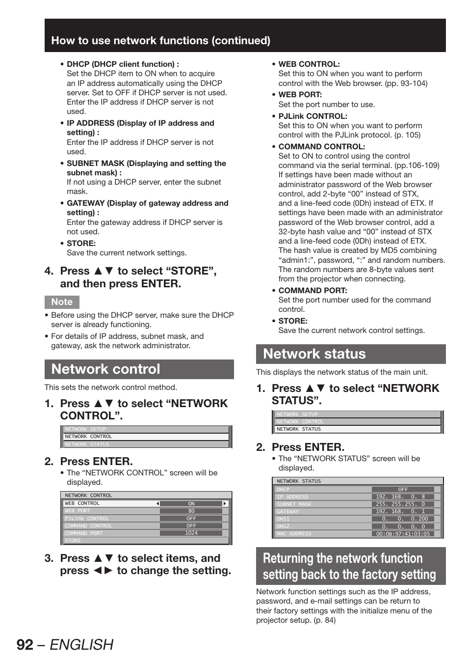 92 – english, Network control, Network status | How to use network functions (continued), Press ▲▼ to select “network 1. control, Press enter. 2, Press ▲▼ to select “network 1. status | Panasonic PT-D12000U User Manual | Page 92 / 138