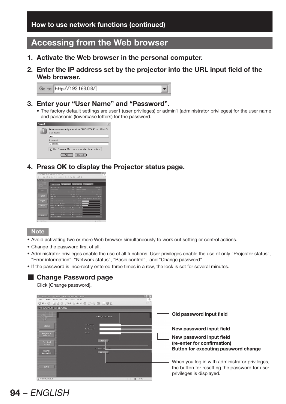 94 – english, Accessing from the web browser | Panasonic PT-D12000U User Manual | Page 94 / 138