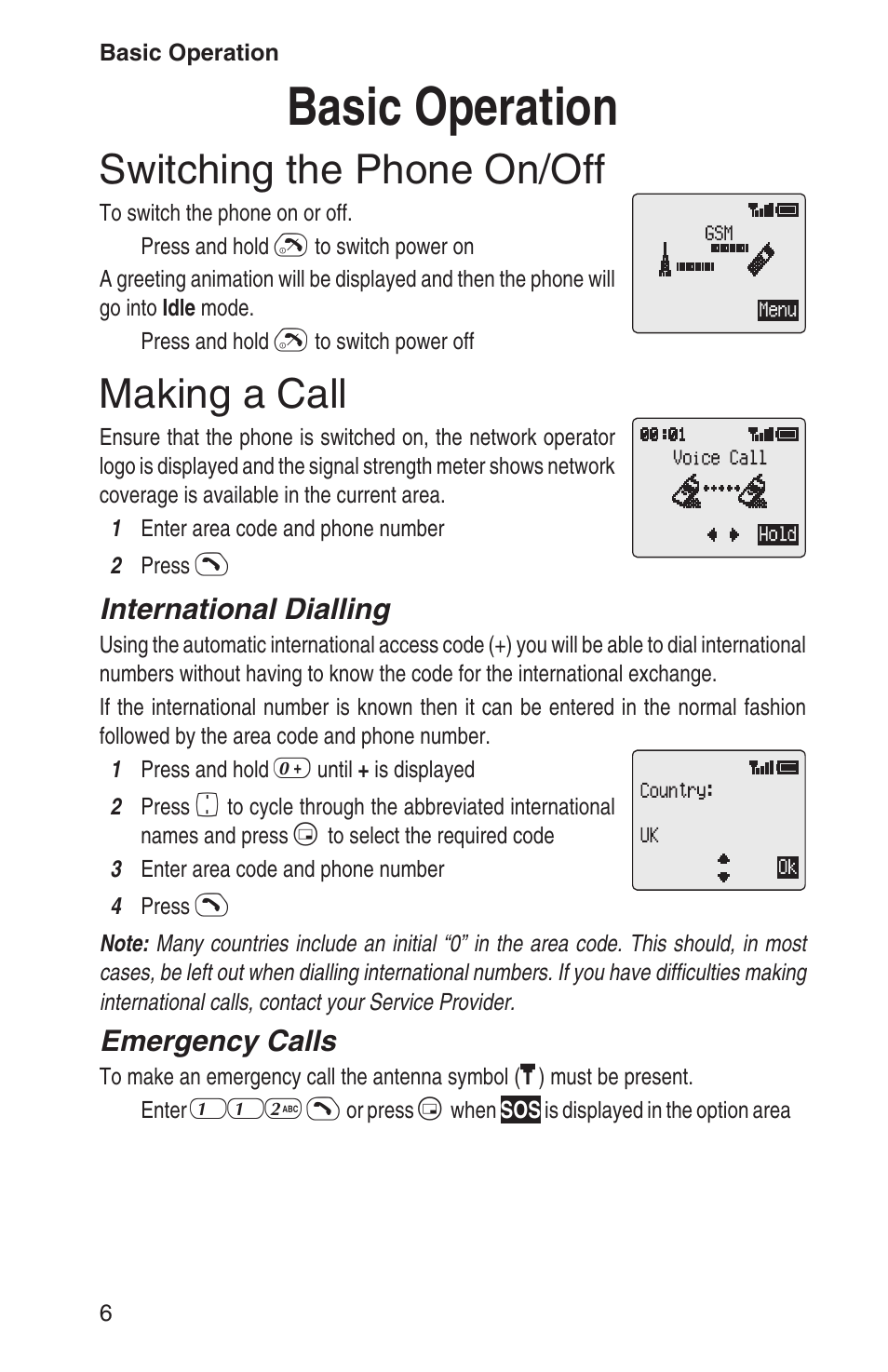 Basic operation 6, Switching the phone on/off 6, Making a call 6 | Basic operation, Switching the phone on/off, Making a call, International dialling, Emergency calls | Panasonic EB-GD93 User Manual | Page 10 / 68
