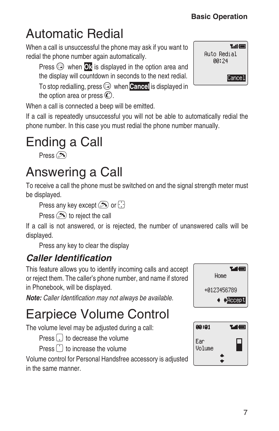 Automatic redial 7, Ending a call 7, Answering a call 7 | Earpiece volume control 7, Automatic redial, Ending a call, Answering a call, Earpiece volume control, Caller identification | Panasonic EB-GD93 User Manual | Page 11 / 68