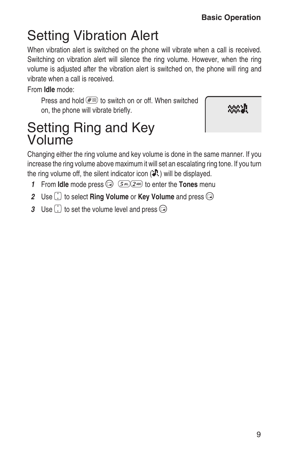 Setting vibration alert 9, Setting ring and key volume 9, Setting vibration alert | Setting ring and key volume | Panasonic EB-GD93 User Manual | Page 13 / 68