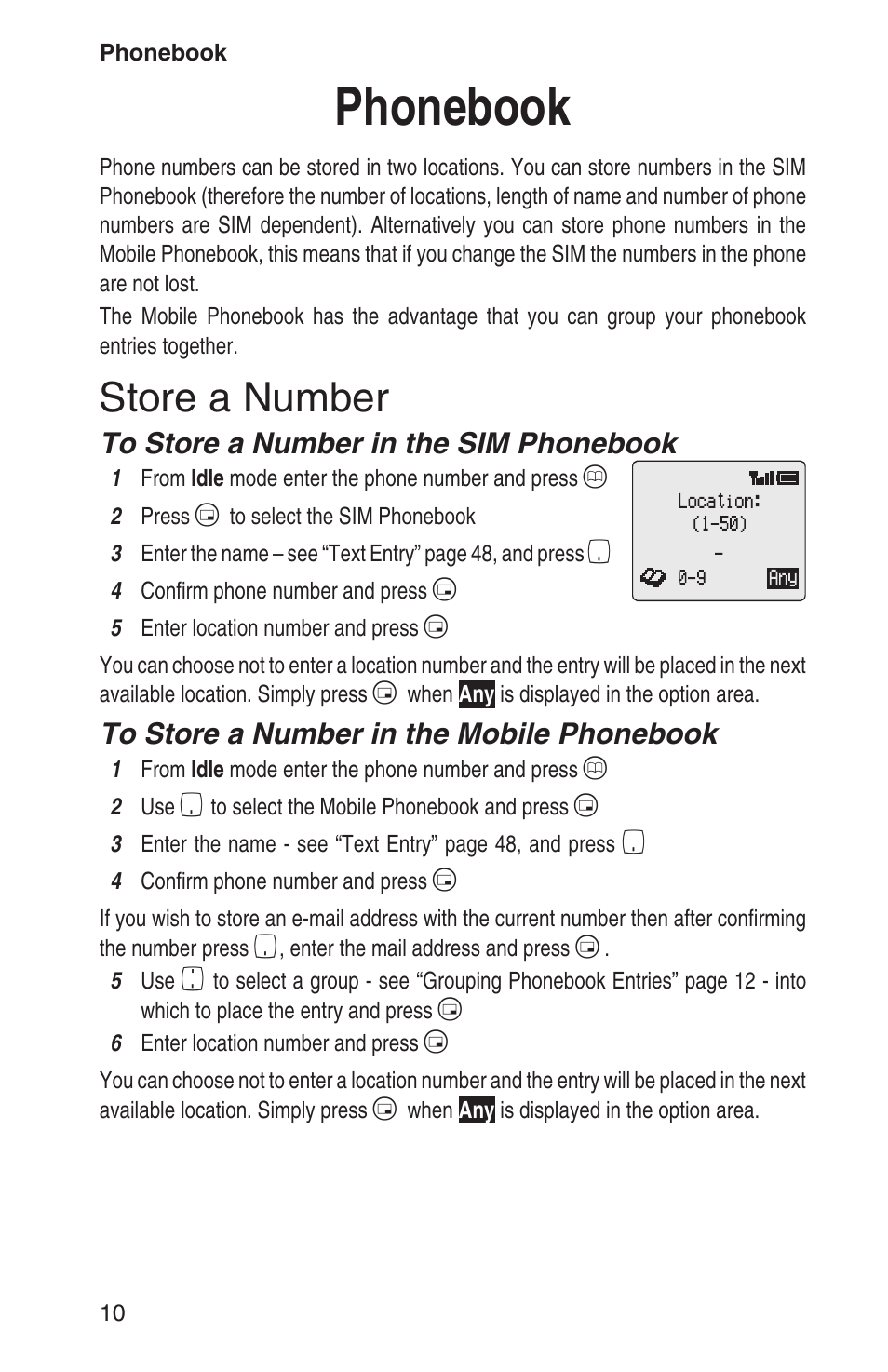Phonebook 10, Store a number 10, Phonebook | Store a number | Panasonic EB-GD93 User Manual | Page 14 / 68