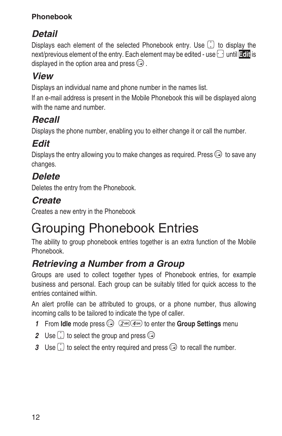 Grouping phonebook entries 12, Grouping phonebook entries, Detail | View, Recall, Edit, Delete, Create, Retrieving a number from a group | Panasonic EB-GD93 User Manual | Page 16 / 68