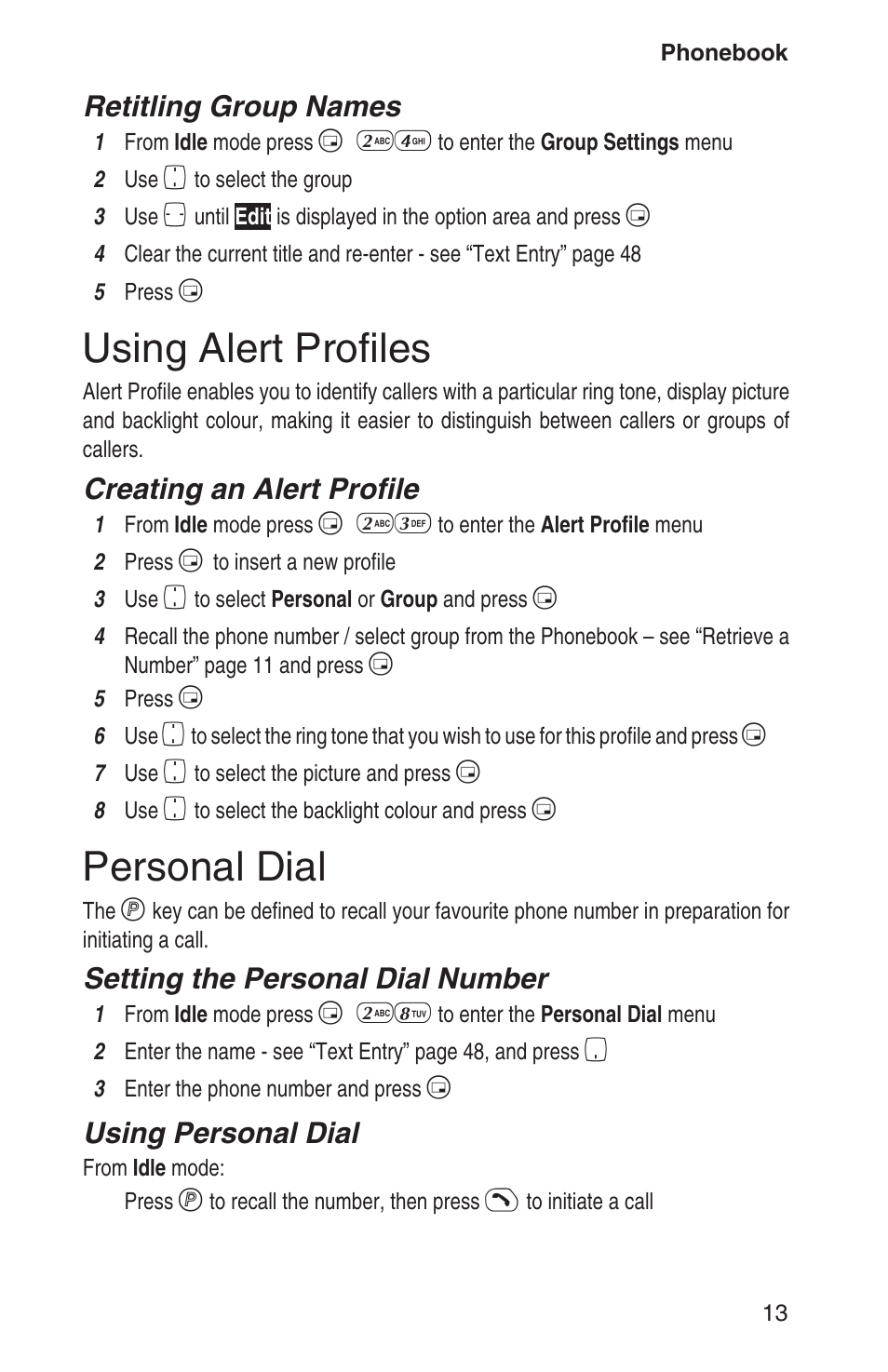 Using alert profiles 13, Personal dial 13, Using alert profiles | Personal dial, Retitling group names, Creating an alert profile, Setting the personal dial number, Using personal dial | Panasonic EB-GD93 User Manual | Page 17 / 68