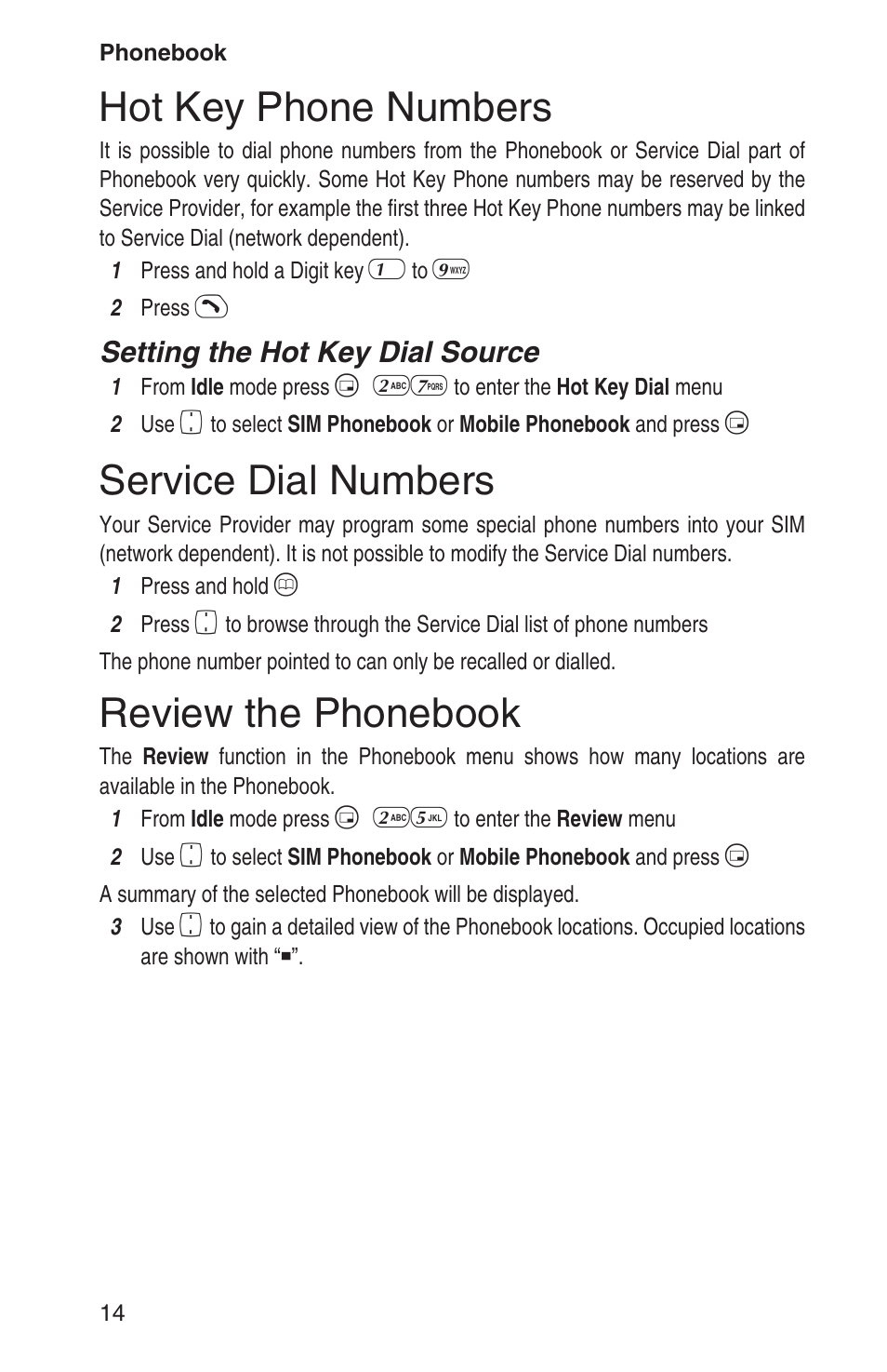 Hot key phone numbers 14, Service dial numbers 14, Review the phonebook 14 | Hot key phone numbers, Service dial numbers, Review the phonebook, Setting the hot key dial source | Panasonic EB-GD93 User Manual | Page 18 / 68