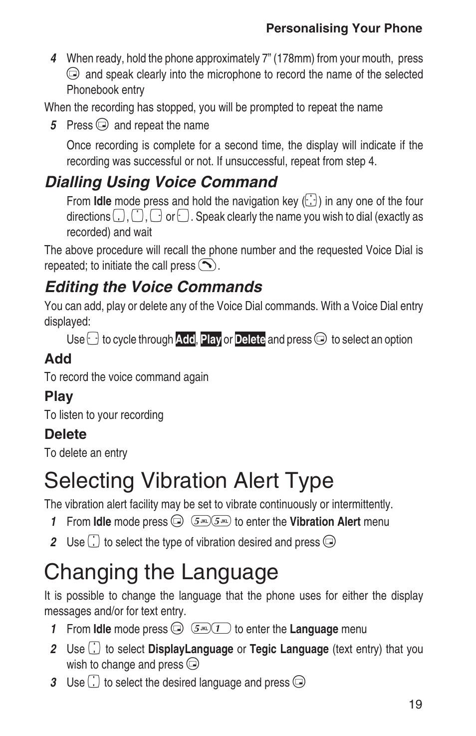 Selecting vibration alert type 19, Changing the language 19, Selecting vibration alert type | Changing the language, Dialling using voice command, Editing the voice commands | Panasonic EB-GD93 User Manual | Page 23 / 68
