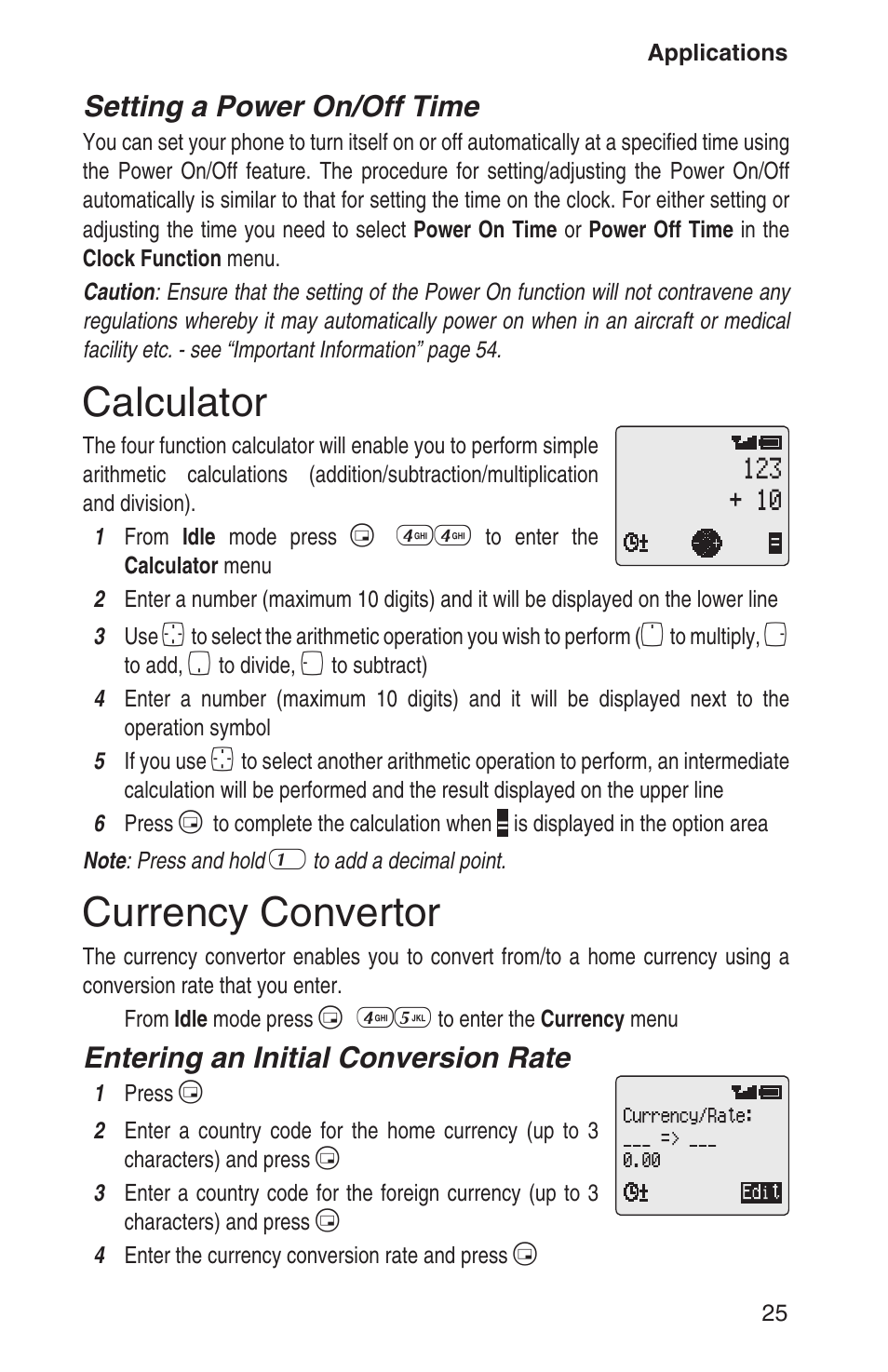 Calculator 25, Currency convertor 25, Calculator | Currency convertor, Setting a power on/off time, Entering an initial conversion rate | Panasonic EB-GD93 User Manual | Page 29 / 68