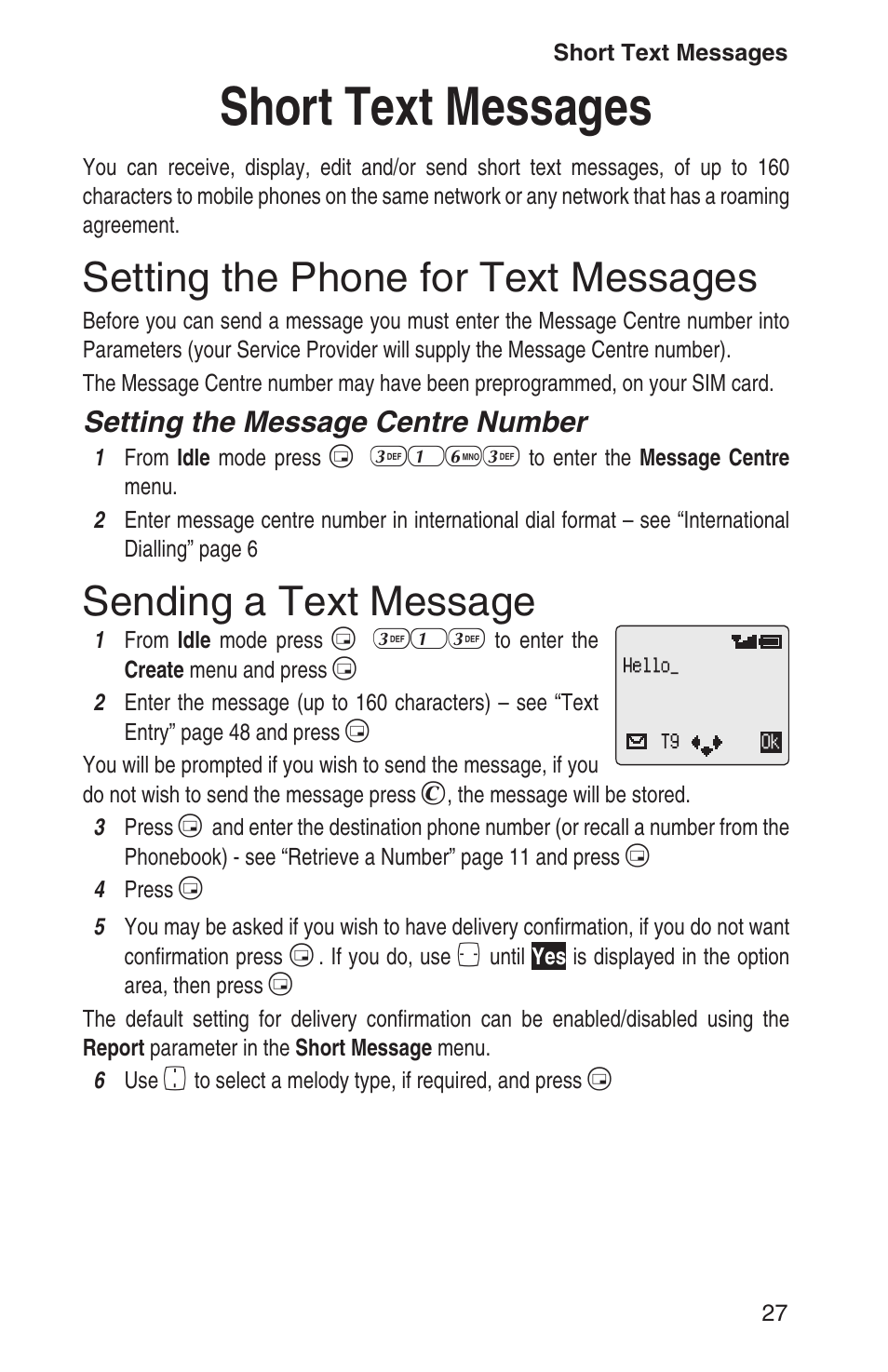 Short text messages 27, Setting the phone for text messages 27, Sending a text message 27 | Short text messages, Setting the phone for text messages, Sending a text message, Setting the message centre number | Panasonic EB-GD93 User Manual | Page 31 / 68