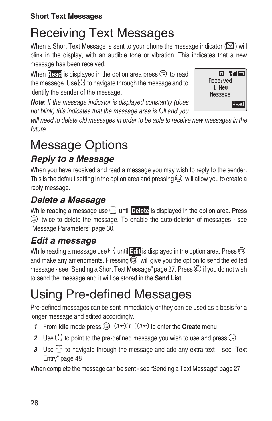 Receiving text messages 28, Message options 28, Using pre-defined messages 28 | Receiving text messages, Message options, Using pre-defined messages, Reply to a message, Delete a message, Edit a message | Panasonic EB-GD93 User Manual | Page 32 / 68