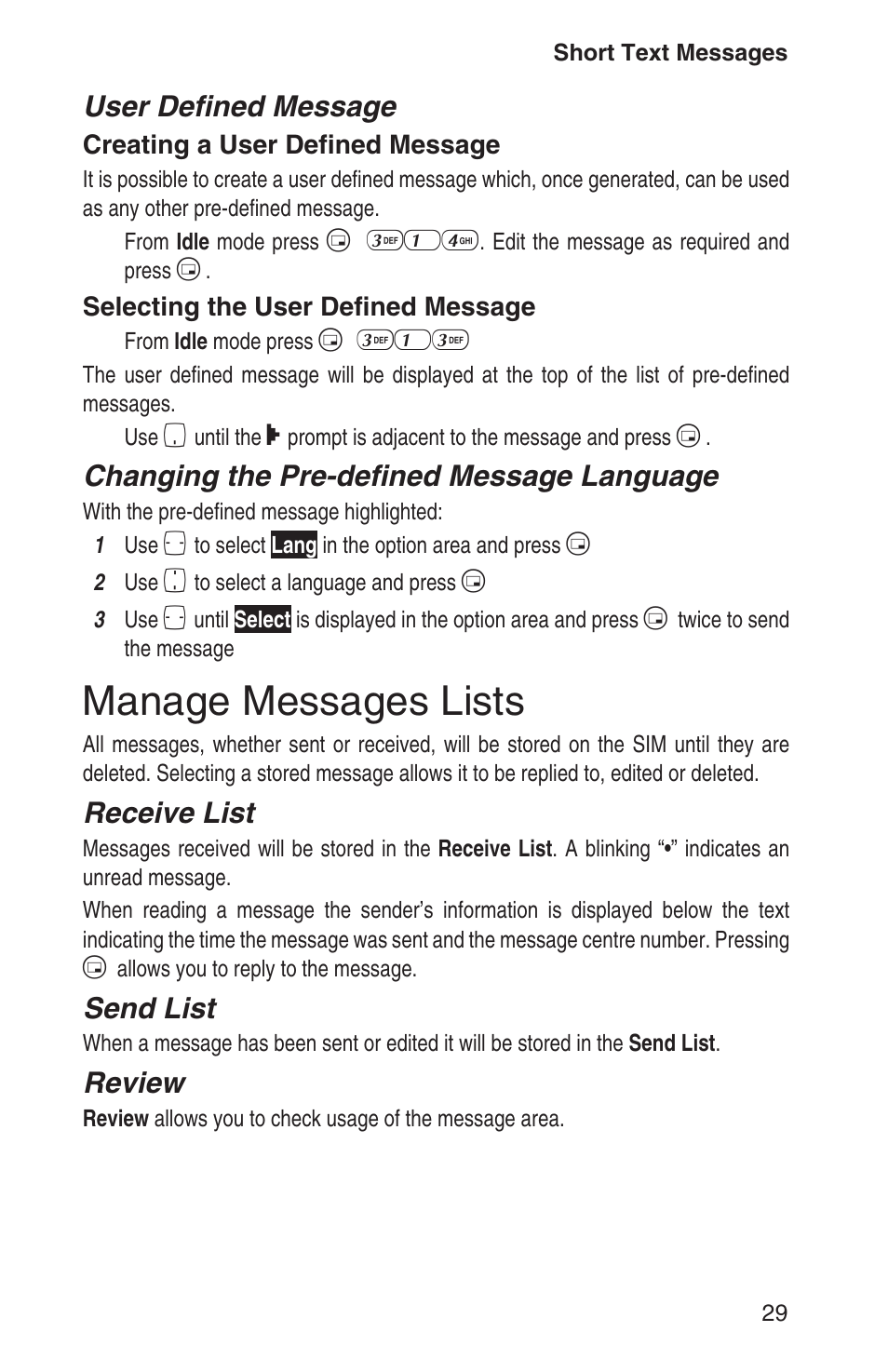 Manage messages lists 29, Manage messages lists, User defined message | Changing the pre-defined message language, Receive list, Send list, Review | Panasonic EB-GD93 User Manual | Page 33 / 68