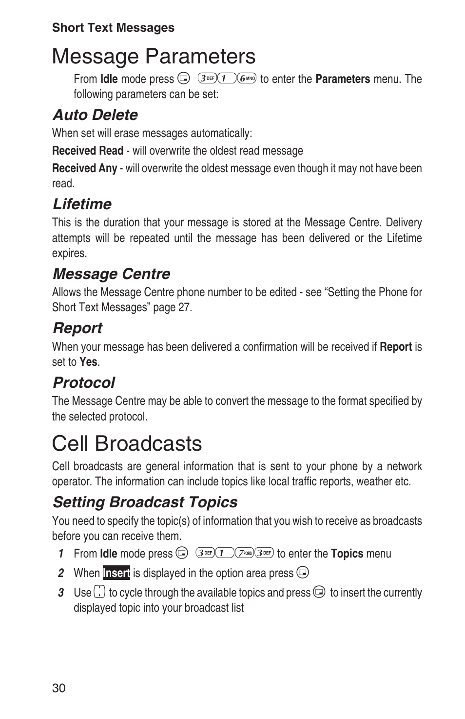 Message parameters 30, Cell broadcasts 30, Message parameters | Cell broadcasts, Auto delete, Lifetime, Message centre, Report, Protocol, Setting broadcast topics | Panasonic EB-GD93 User Manual | Page 34 / 68
