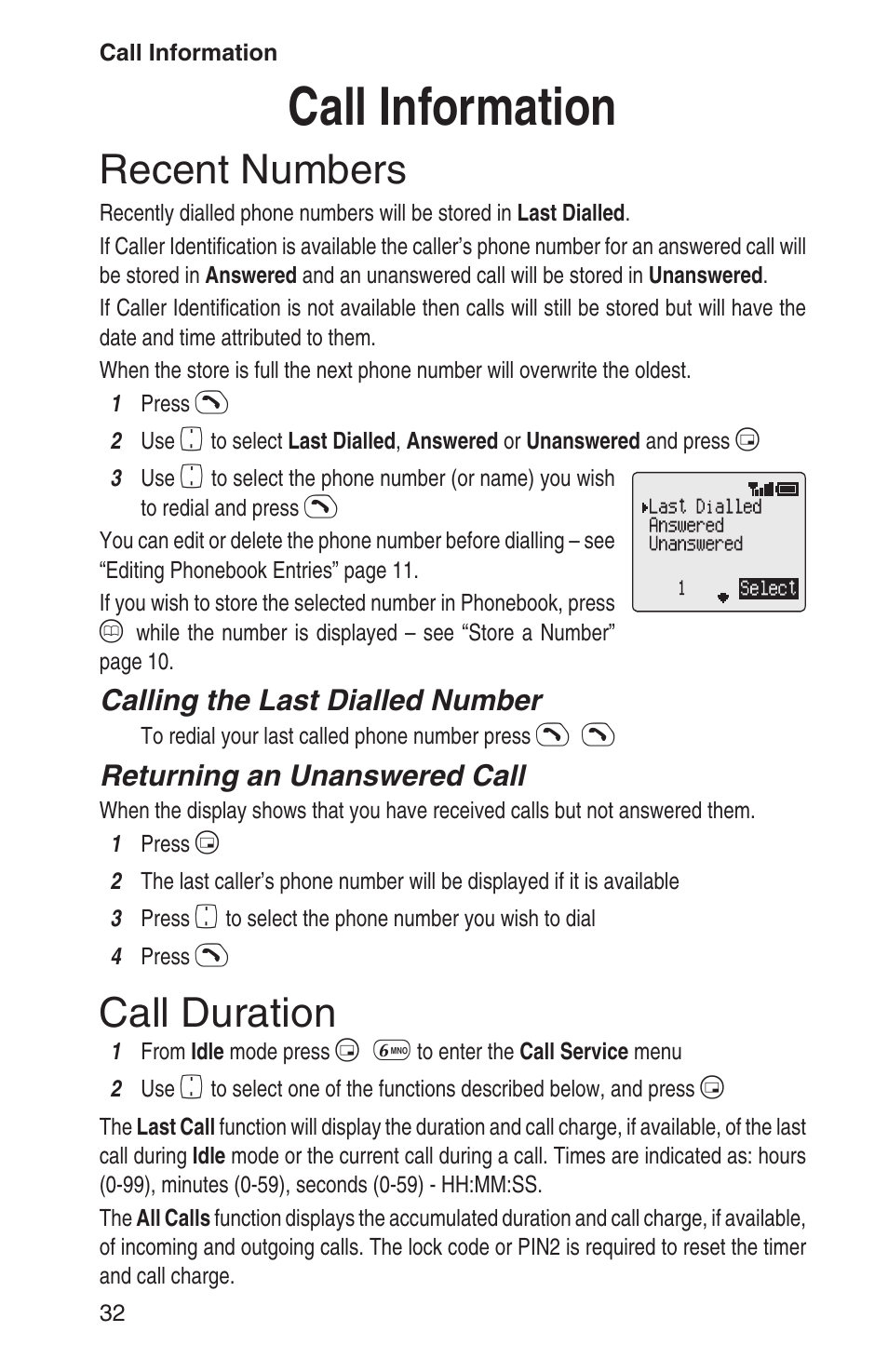 Call information 32, Recent numbers 32, Call duration 32 | Call information, Recent numbers, Call duration, Calling the last dialled number, Returning an unanswered call | Panasonic EB-GD93 User Manual | Page 36 / 68