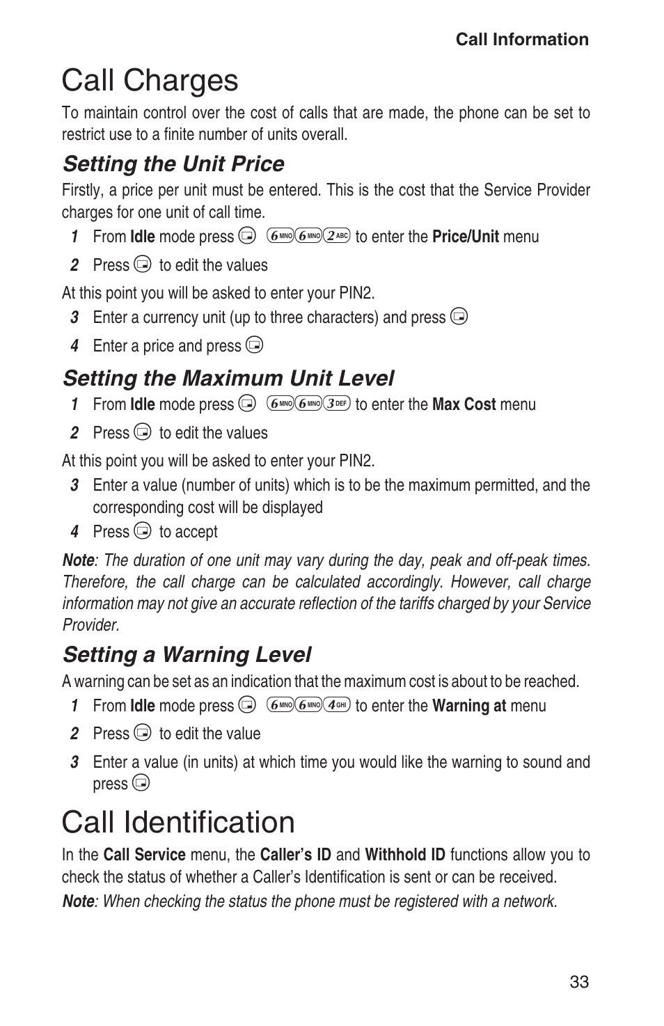 Call charges 33, Call identification 33, Call charges | Call identification, Setting the unit price, Setting the maximum unit level, Setting a warning level | Panasonic EB-GD93 User Manual | Page 37 / 68