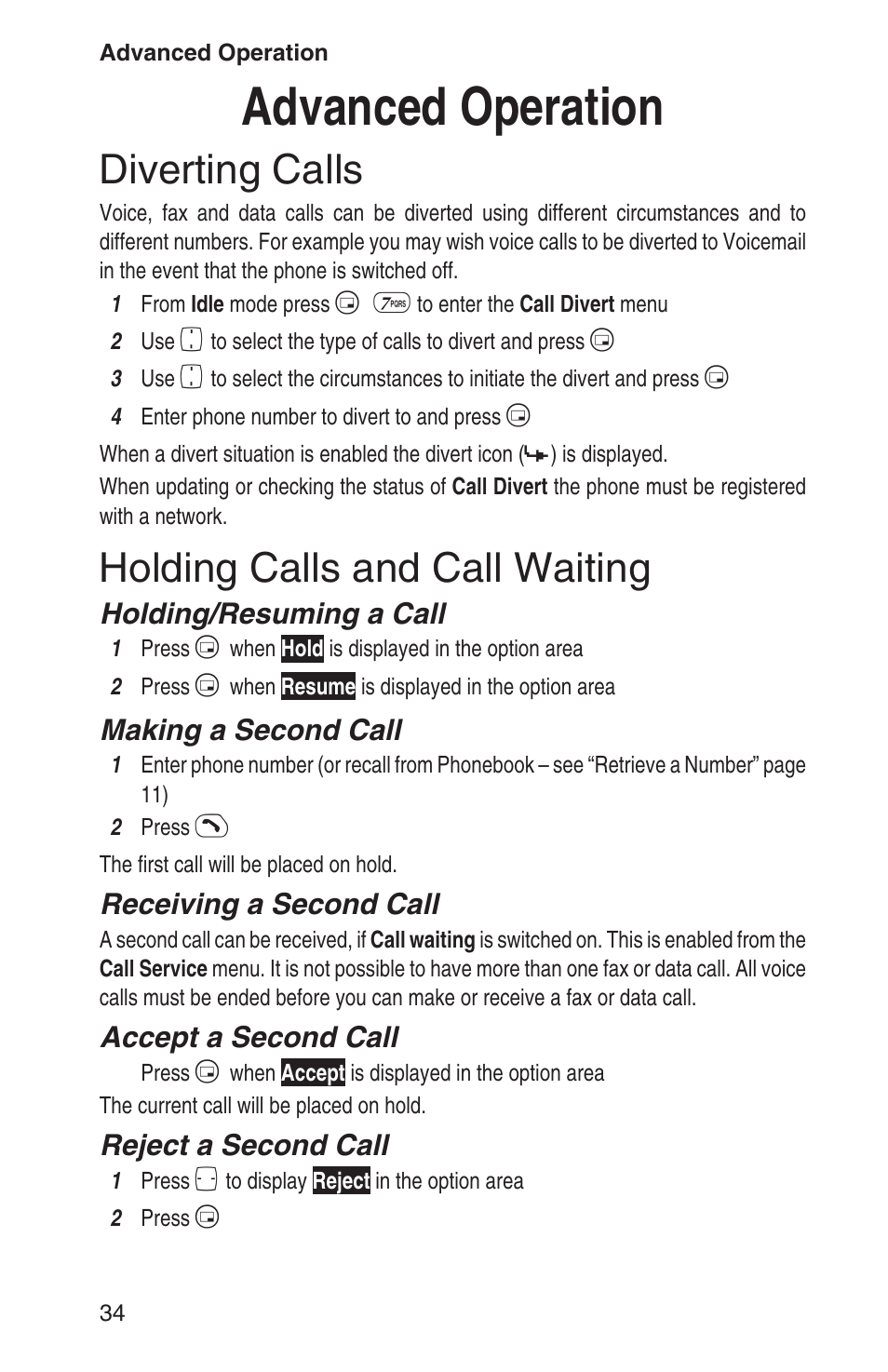 Advanced operation 34, Diverting calls 34, Holding calls and call waiting 34 | Advanced operation, Diverting calls, Holding calls and call waiting, Holding/resuming a call, Making a second call, Receiving a second call, Accept a second call | Panasonic EB-GD93 User Manual | Page 38 / 68