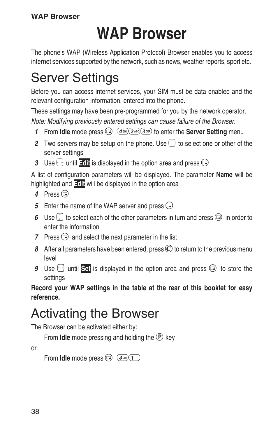 Wap browser 38, Server settings 38, Activating the browser 38 | Wap browser, Server settings, Activating the browser | Panasonic EB-GD93 User Manual | Page 42 / 68