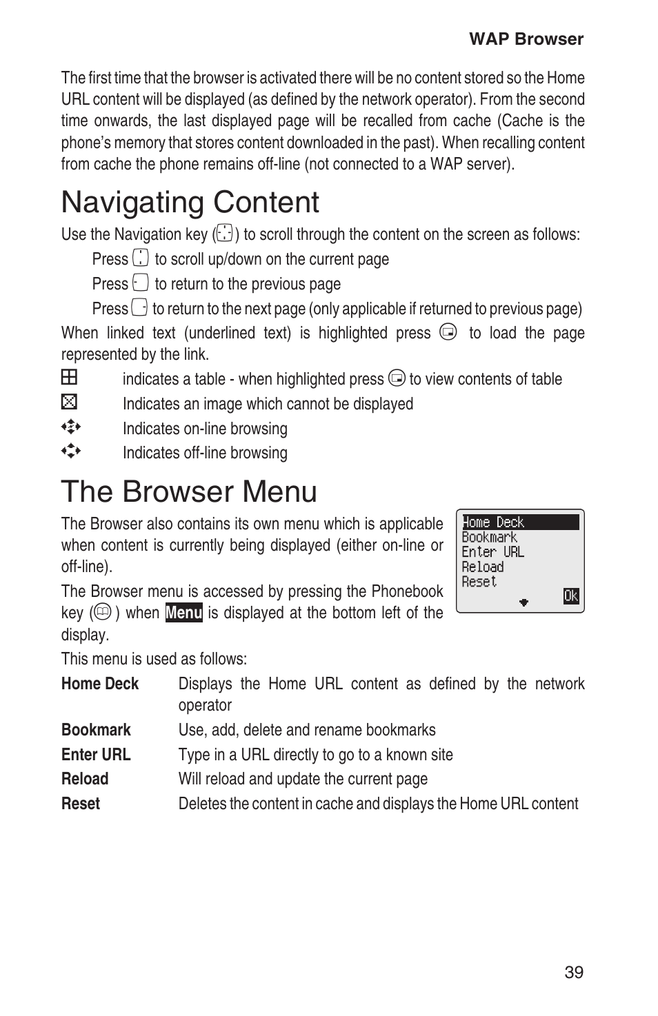 Navigating content 39, The browser menu 39, Navigating content | The browser menu | Panasonic EB-GD93 User Manual | Page 43 / 68