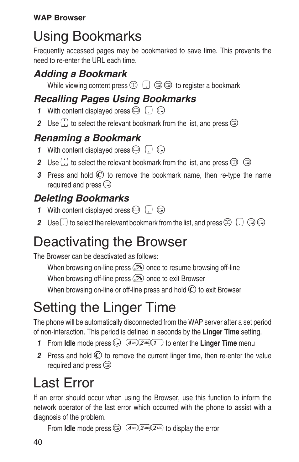 Using bookmarks 40, Deactivating the browser 40, Setting the linger time 40 | Last error 40, Using bookmarks, Deactivating the browser, Setting the linger time, Last error, Adding a bookmark, Recalling pages using bookmarks | Panasonic EB-GD93 User Manual | Page 44 / 68