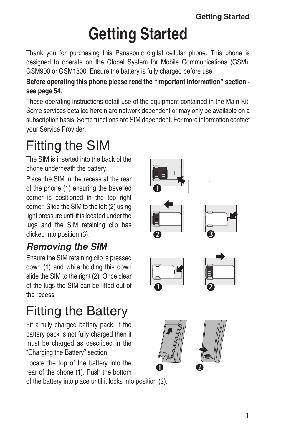 Getting started 1, Fitting the sim 1, Fitting the battery 1 | Getting started, Fitting the sim, Fitting the battery | Panasonic EB-GD93 User Manual | Page 5 / 68