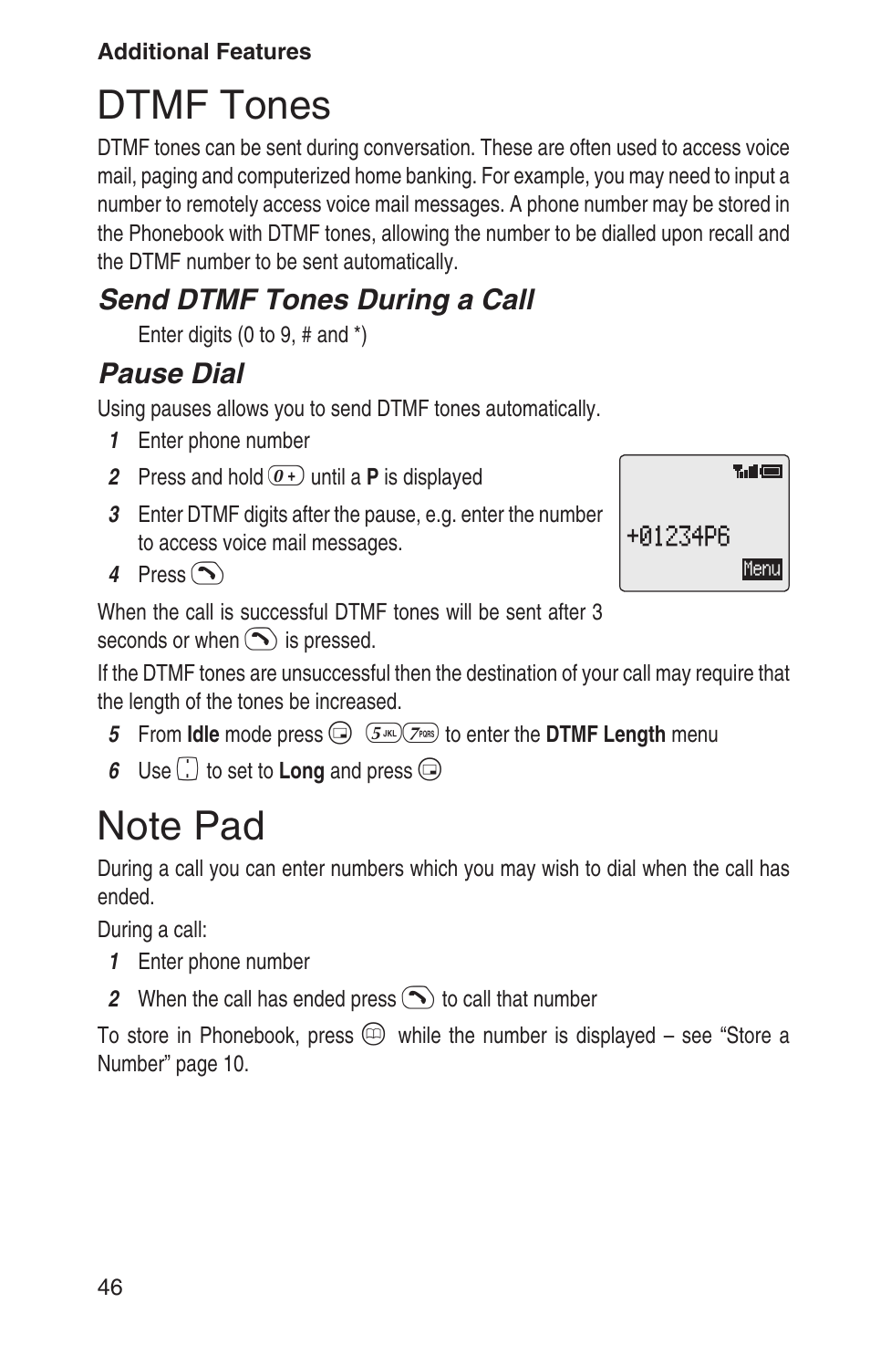 Dtmf tones 46, Note pad 46, Dtmf tones | Send dtmf tones during a call, Pause dial | Panasonic EB-GD93 User Manual | Page 50 / 68
