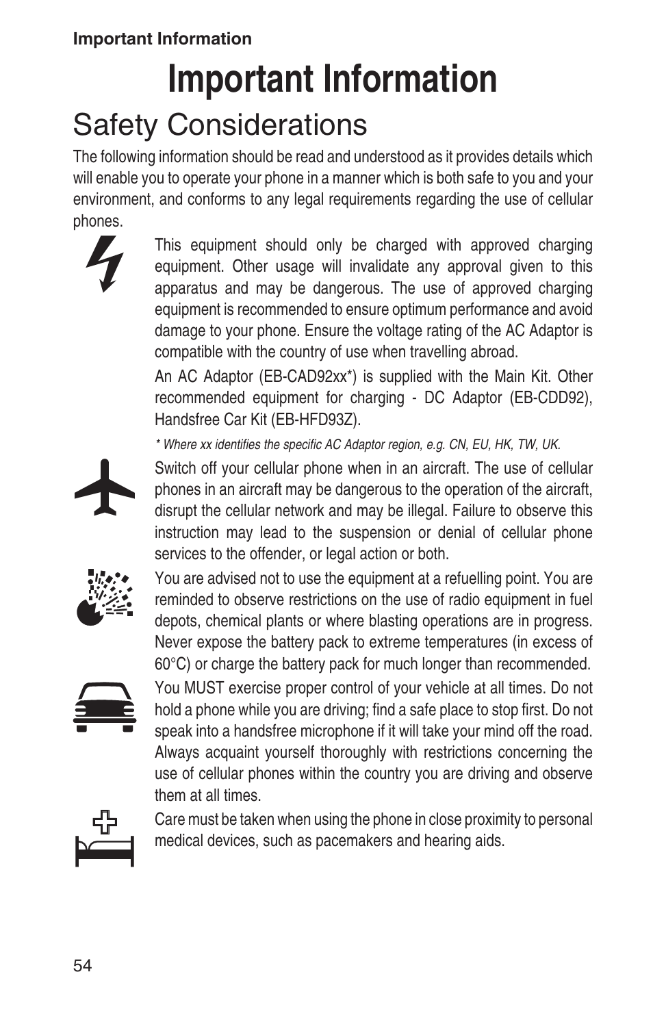 Important information 54, Safety considerations 54, Important information | Safety considerations | Panasonic EB-GD93 User Manual | Page 58 / 68