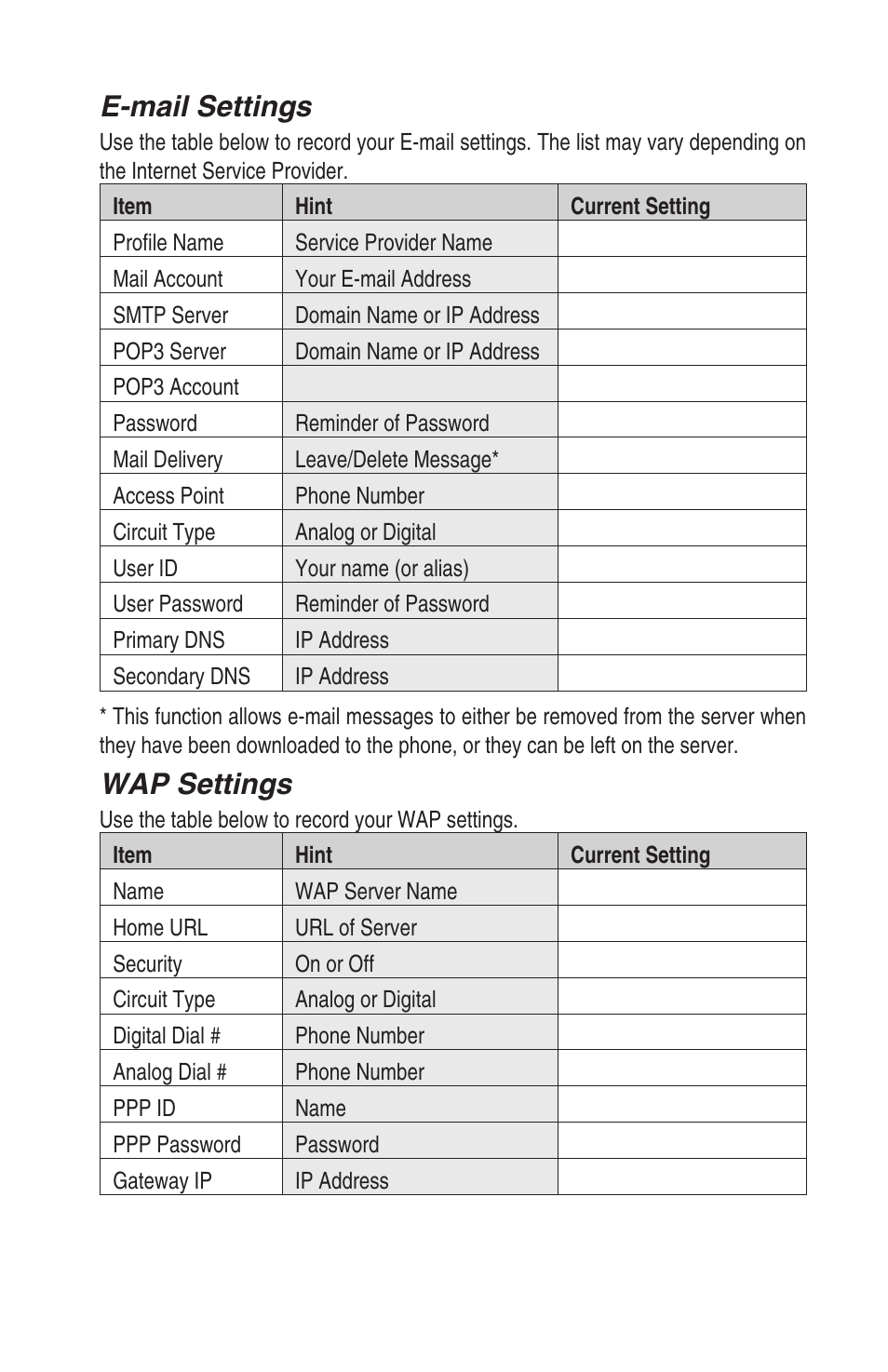 E-mail settings, Wap settings | Panasonic EB-GD93 User Manual | Page 66 / 68