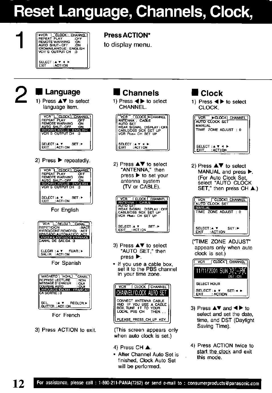 Reset language, channels, clock, Press action, Reset language, channels, clock, 1 | Language, Channels, Clock | Panasonic OMNIVISION PV-V4611 User Manual | Page 12 / 38