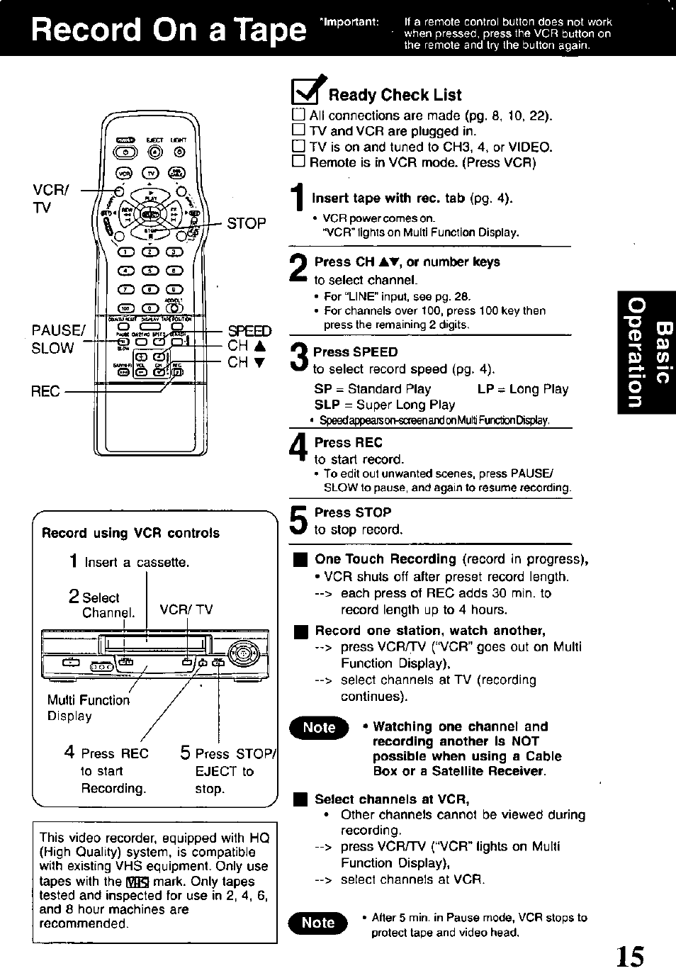 Record using vcr controls, Ready check list, Select channels at vcr | Record on a tape | Panasonic OMNIVISION PV-V4611 User Manual | Page 15 / 38