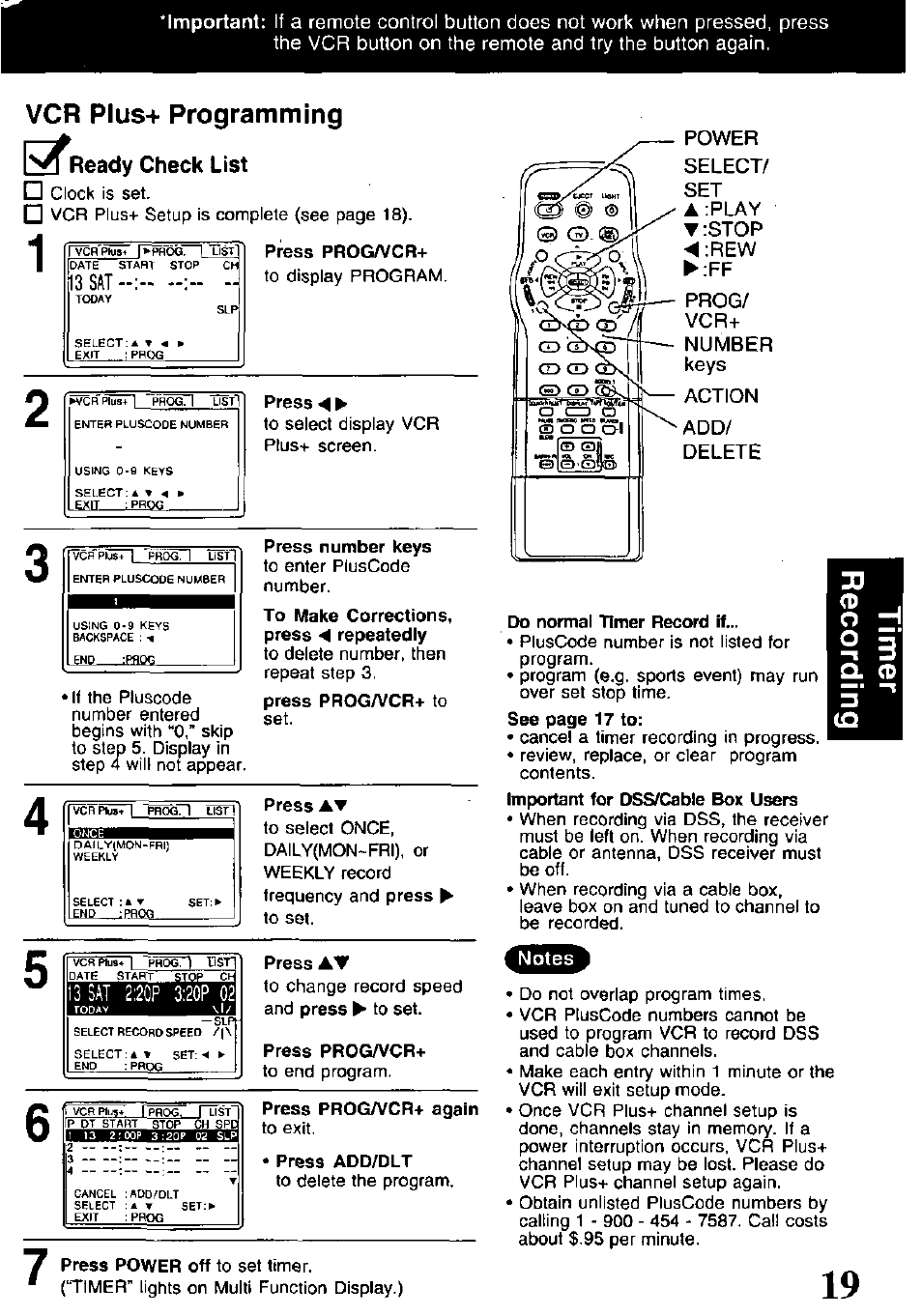 Vcr plus+ programming, Ready check list, Press prog/vcr | Press number keys, Press av, Press prog/vcr+ again, Press add/dlt, Do normal timer record if, 13 sat | Panasonic OMNIVISION PV-V4611 User Manual | Page 19 / 38