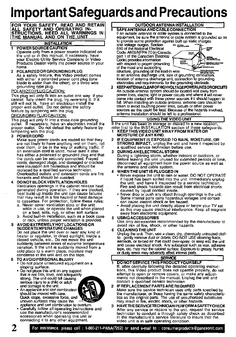 Important safeguards and precautions | Panasonic OMNIVISION PV-V4611 User Manual | Page 2 / 38
