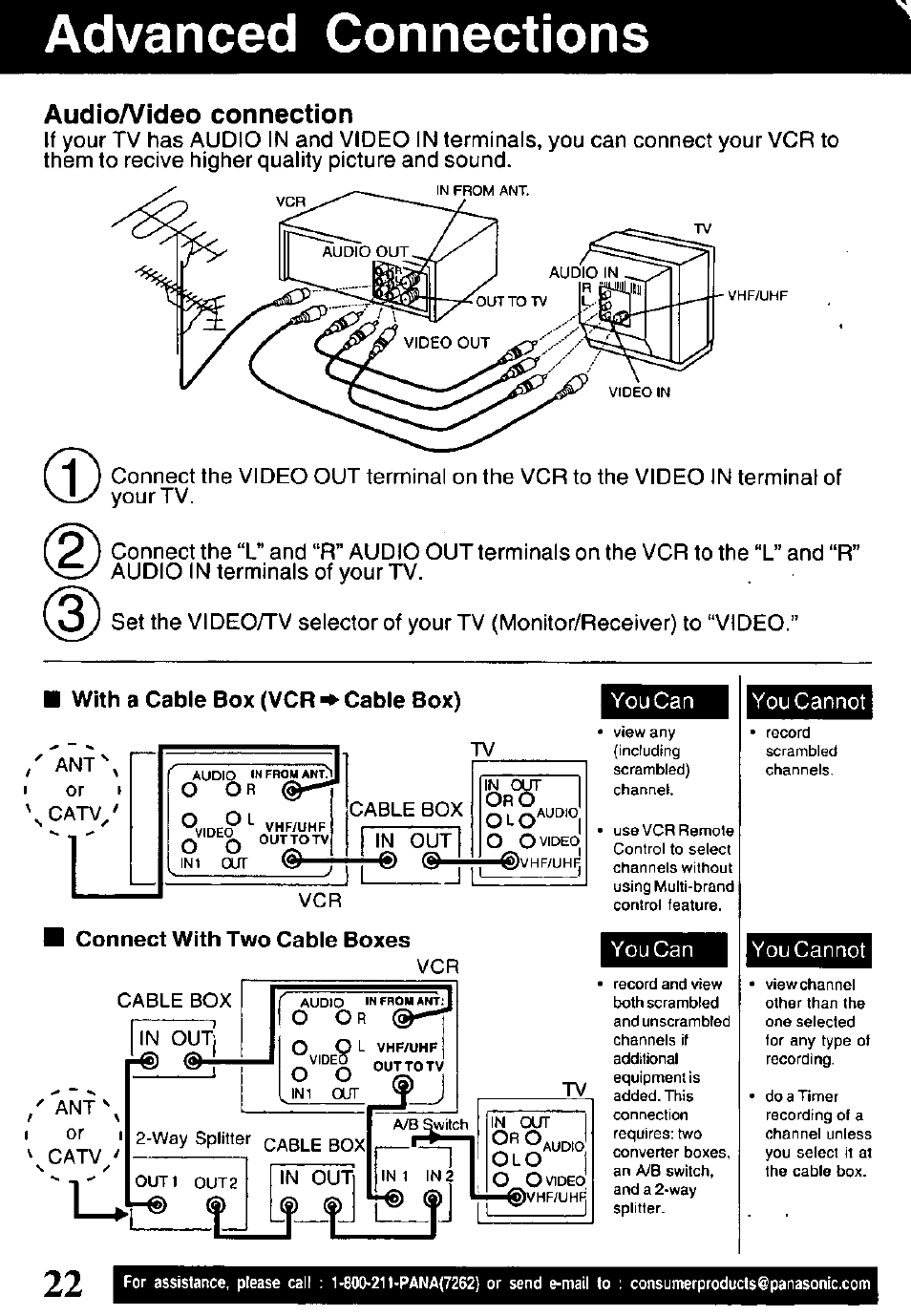 Advanced connections, Audioa^ideo connection, With a cable box (vcr ^ cable box) | Connect with two cable boxes, Oro, o, You can, You cannot | Panasonic OMNIVISION PV-V4611 User Manual | Page 22 / 38