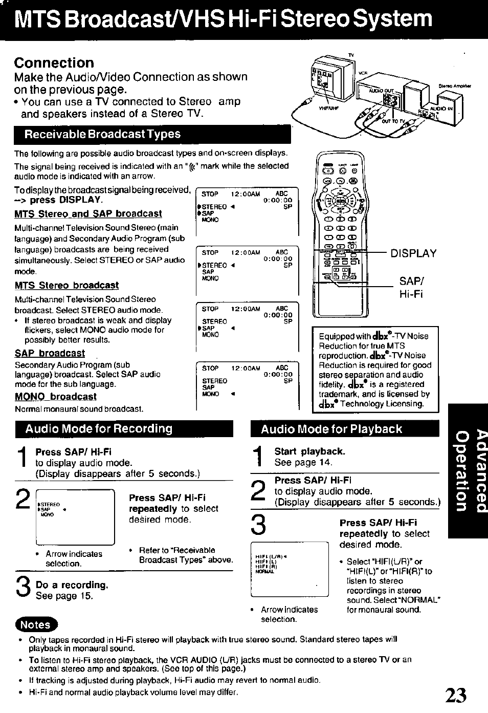 Connection, Receivable broadcasttypes, Audio mode for playback | Start playback, Do a recording, Press sap/ hi-fi, Mts broadcast/vhs hi-fi stereo system, Display sap/ hi-fi, Audio mode for recording h | Panasonic OMNIVISION PV-V4611 User Manual | Page 23 / 38