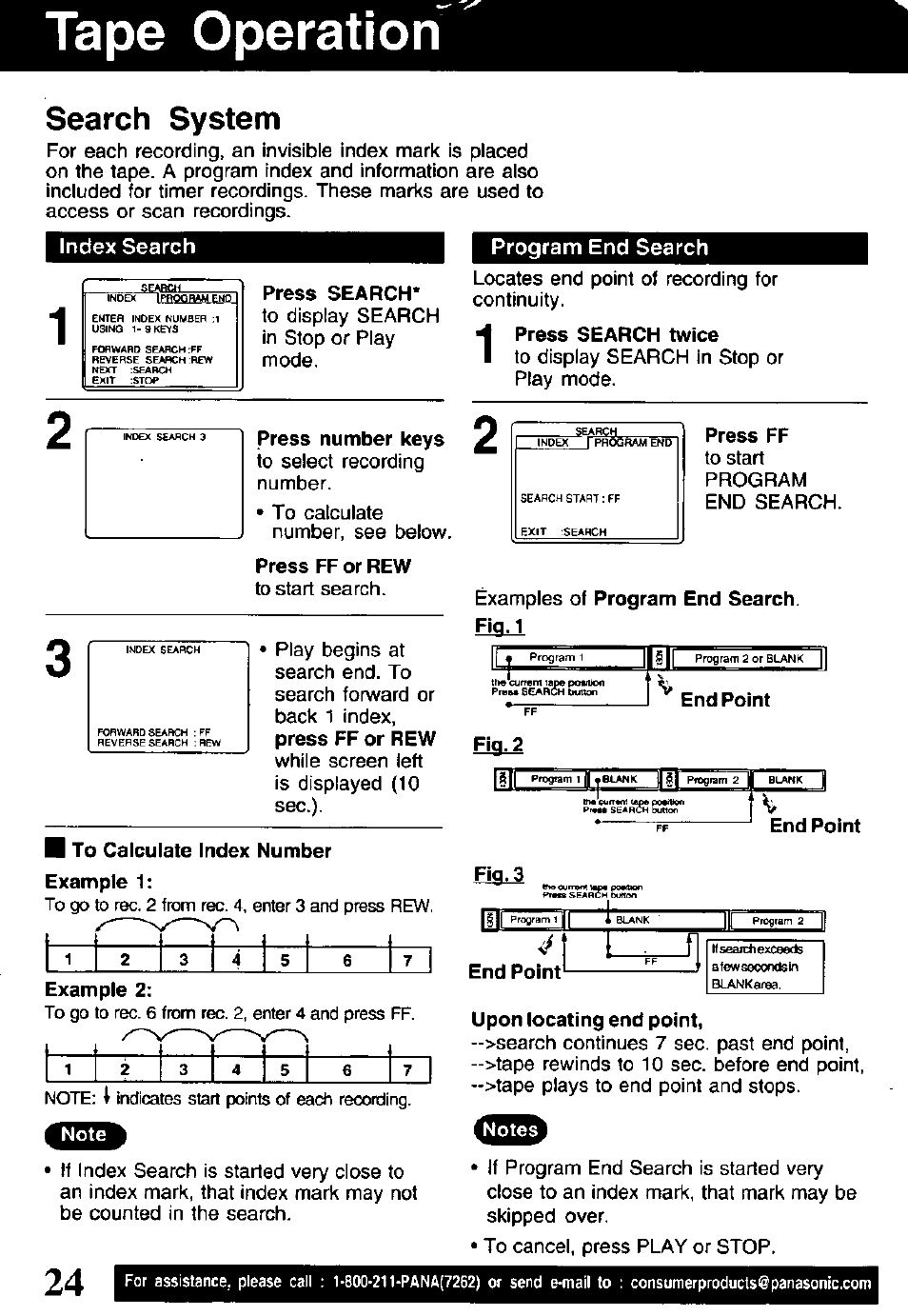 Tape operation, Search system, Press search | Press number keys, Press ff or rew, Program end search, Press search twice, Press ff, Examples of program end search. fig. 1, End point | Panasonic OMNIVISION PV-V4611 User Manual | Page 24 / 38