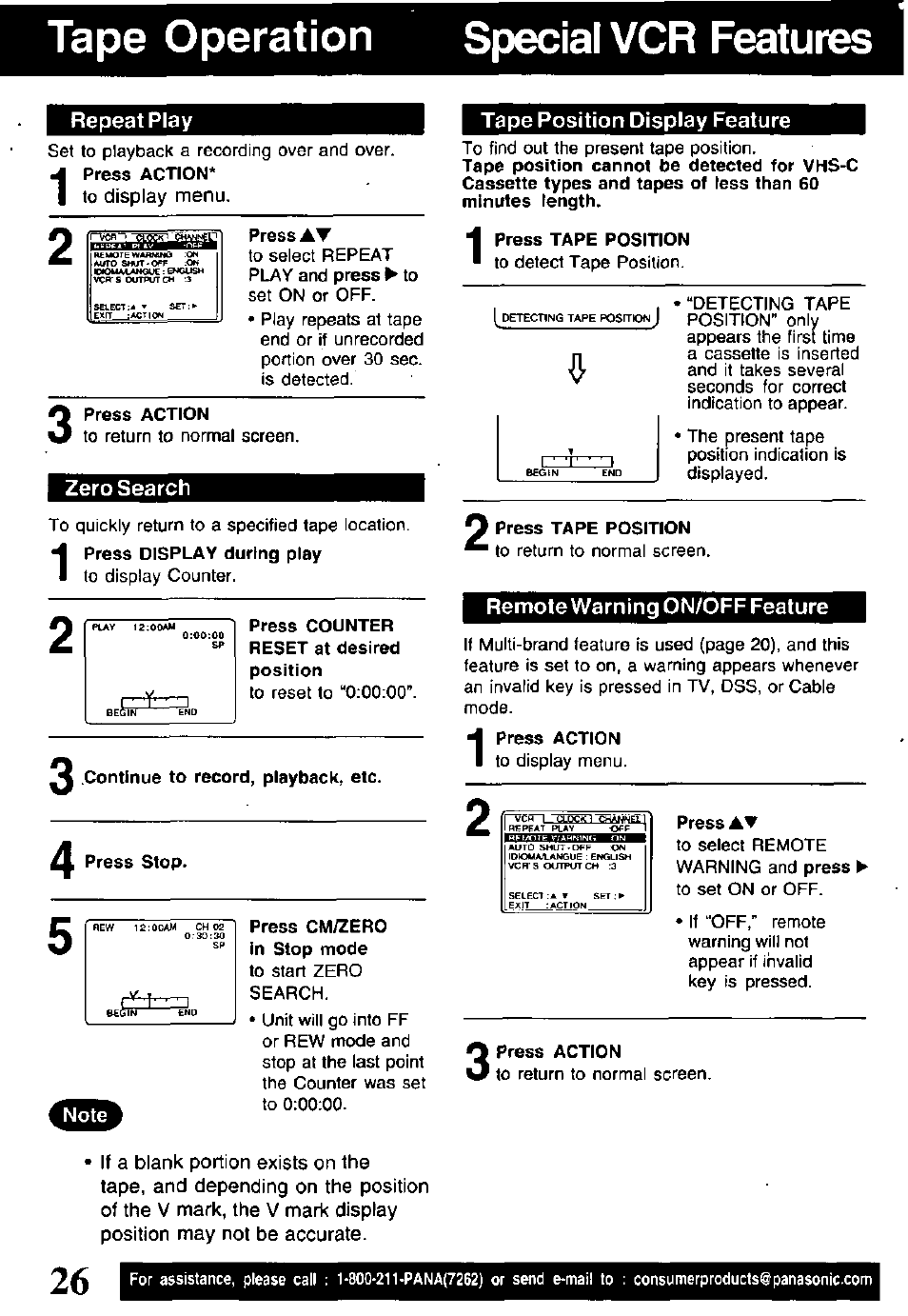 Press action, Zero search, Continue to record, playback, etc | Press stop, Press cm/zero in stop mode, Tape position display feature, Press tape position, Remote warning on/off feature, Tape operation special vcr features | Panasonic OMNIVISION PV-V4611 User Manual | Page 26 / 38