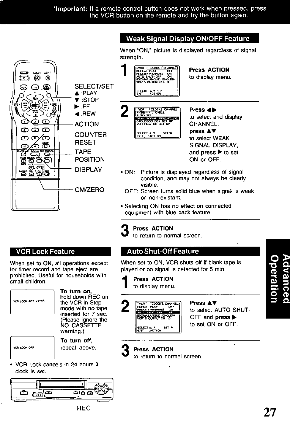 Weak signal display on/off feature, Press action, Press 4 | Vcr lock feature, To turn on, To turn off, Auto shut-off feature, Press at | Panasonic OMNIVISION PV-V4611 User Manual | Page 27 / 38