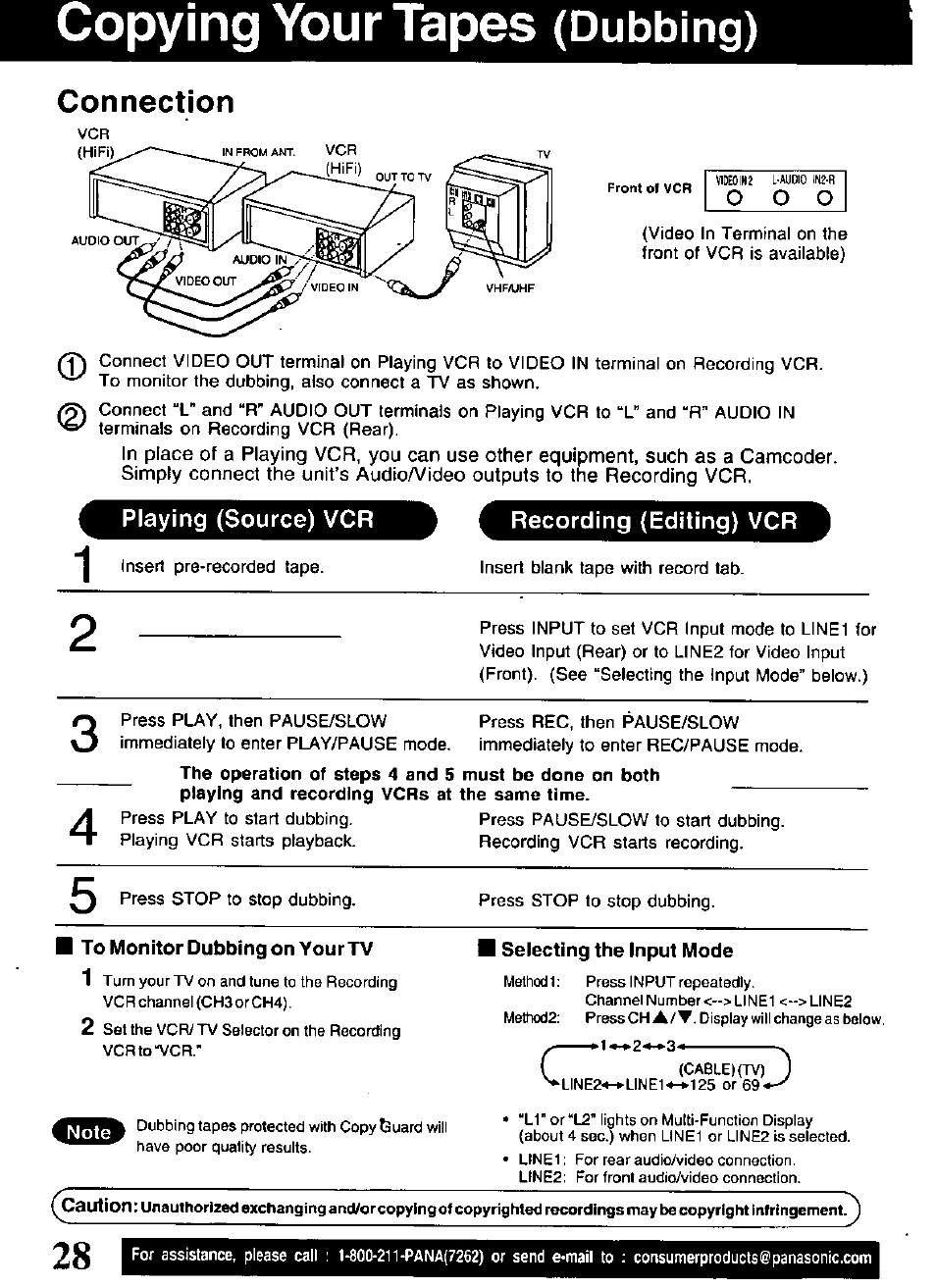 Copying your tapes (dubbing), Connection, Playing (source) vcr | Recording (editing) vcr, Selecting the input mode, Copying your tapes, Dubbing), O o o | Panasonic OMNIVISION PV-V4611 User Manual | Page 28 / 38