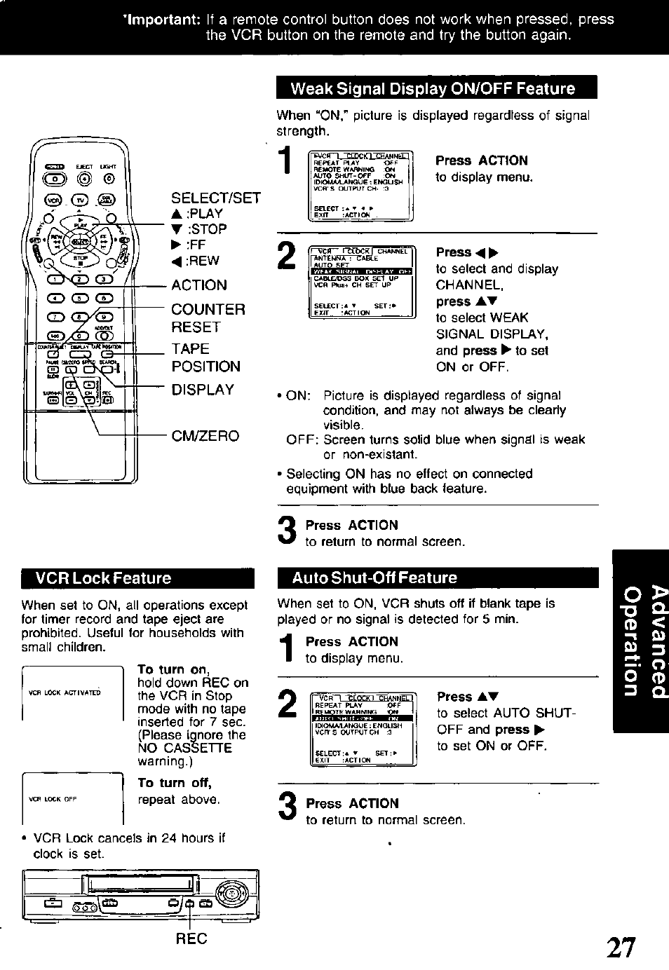 Vcr lock feature, Weak signal display on/off feature, Press action | Press -4, Auto shut-off feature, Display | Panasonic OMNIVISION PV-V4611 User Manual | Page 29 / 38