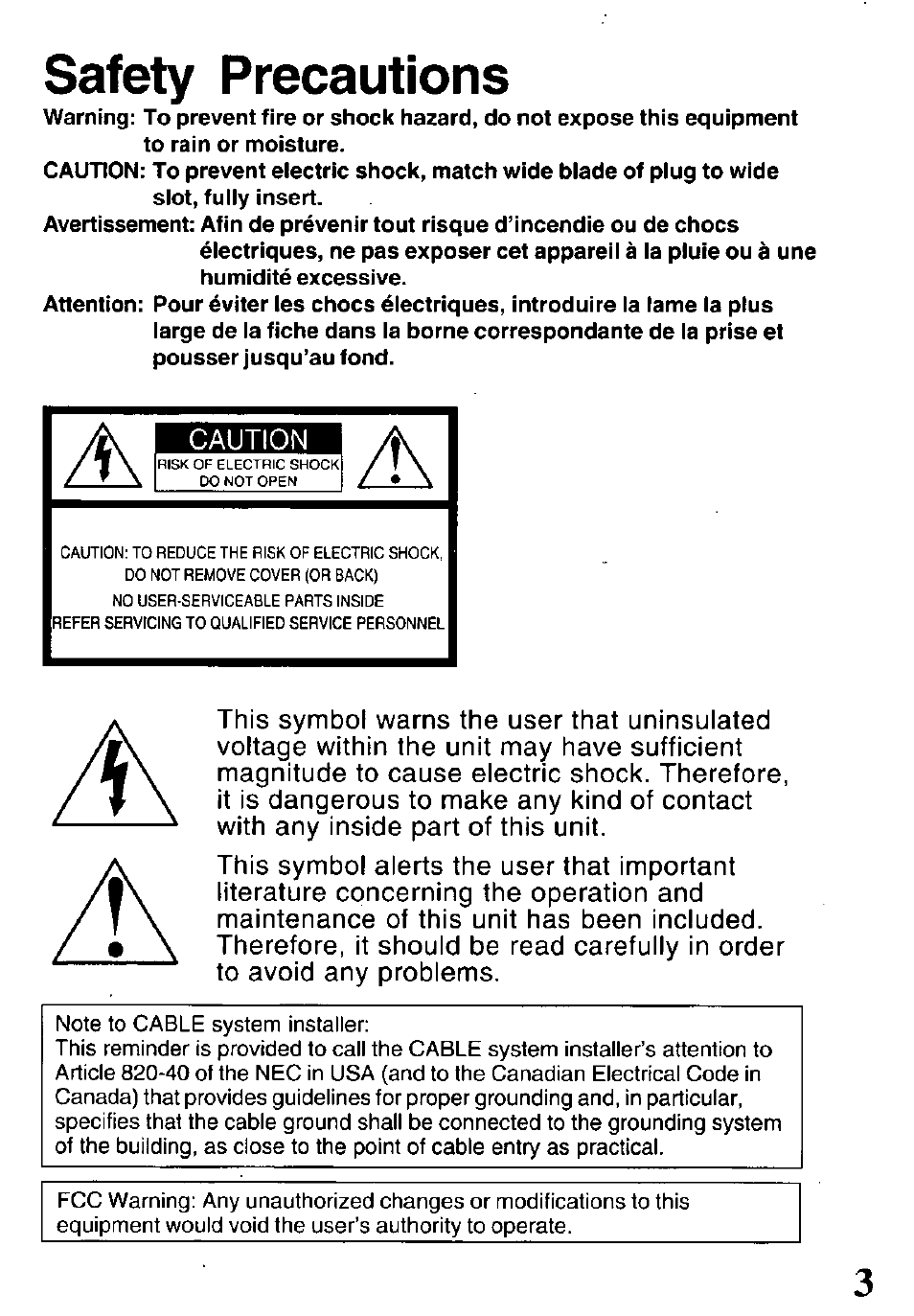 Safety precautions | Panasonic OMNIVISION PV-V4611 User Manual | Page 3 / 38
