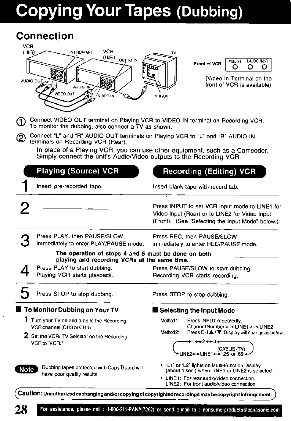 Copying your tapes (dubbing), Connection, Playing (source) vcr | Recording (editing) vcr, To monitor dubbing on your tv, Selecting the input mode, Copying your tapes, Dubbing), O o o | Panasonic OMNIVISION PV-V4611 User Manual | Page 30 / 38