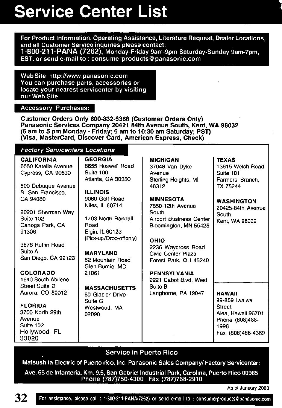 Service center list, Service in puerto rico | Panasonic OMNIVISION PV-V4611 User Manual | Page 34 / 38